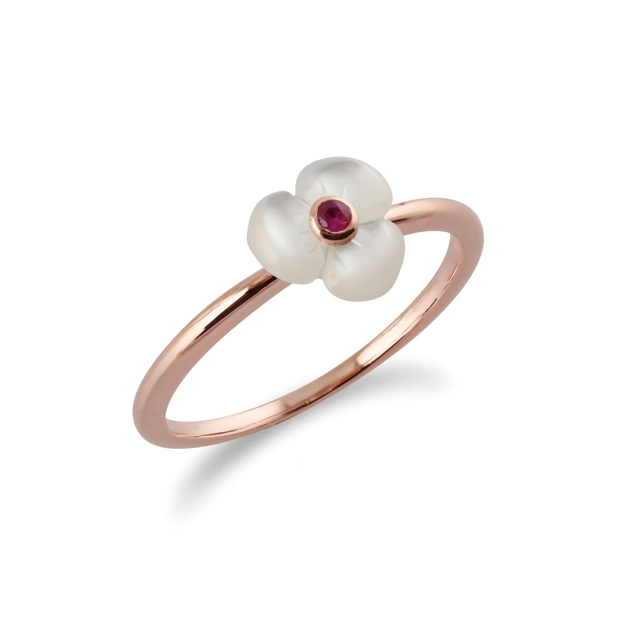 235R517101925 Floral Round Ruby & Mother of Pearl Poppy Ring in Rose Gold Plated 925 Sterling Silver 2