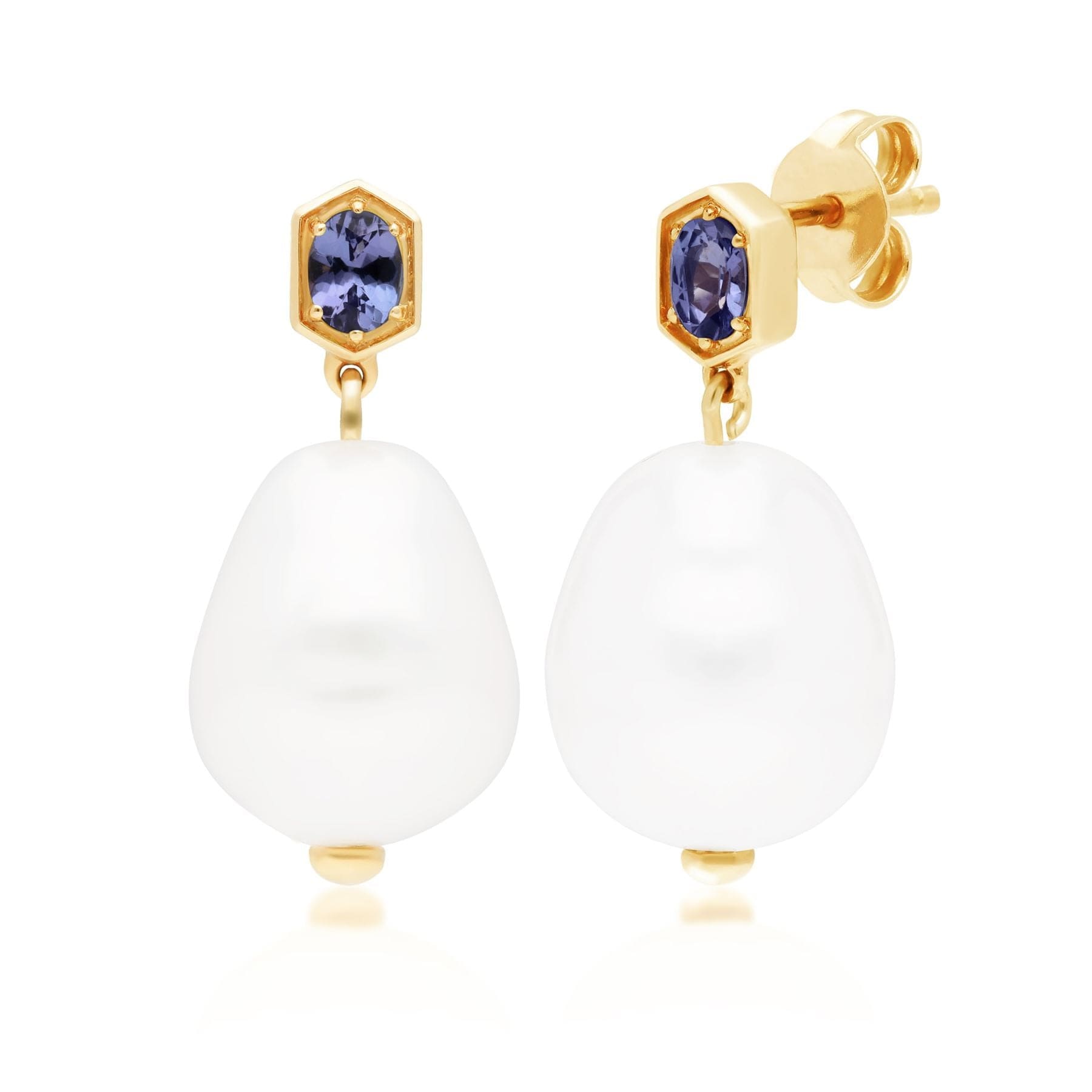 270E028209925 Modern Baroque Pearl & Tanzanite Drop Earrings in Gold Plated Silver 1