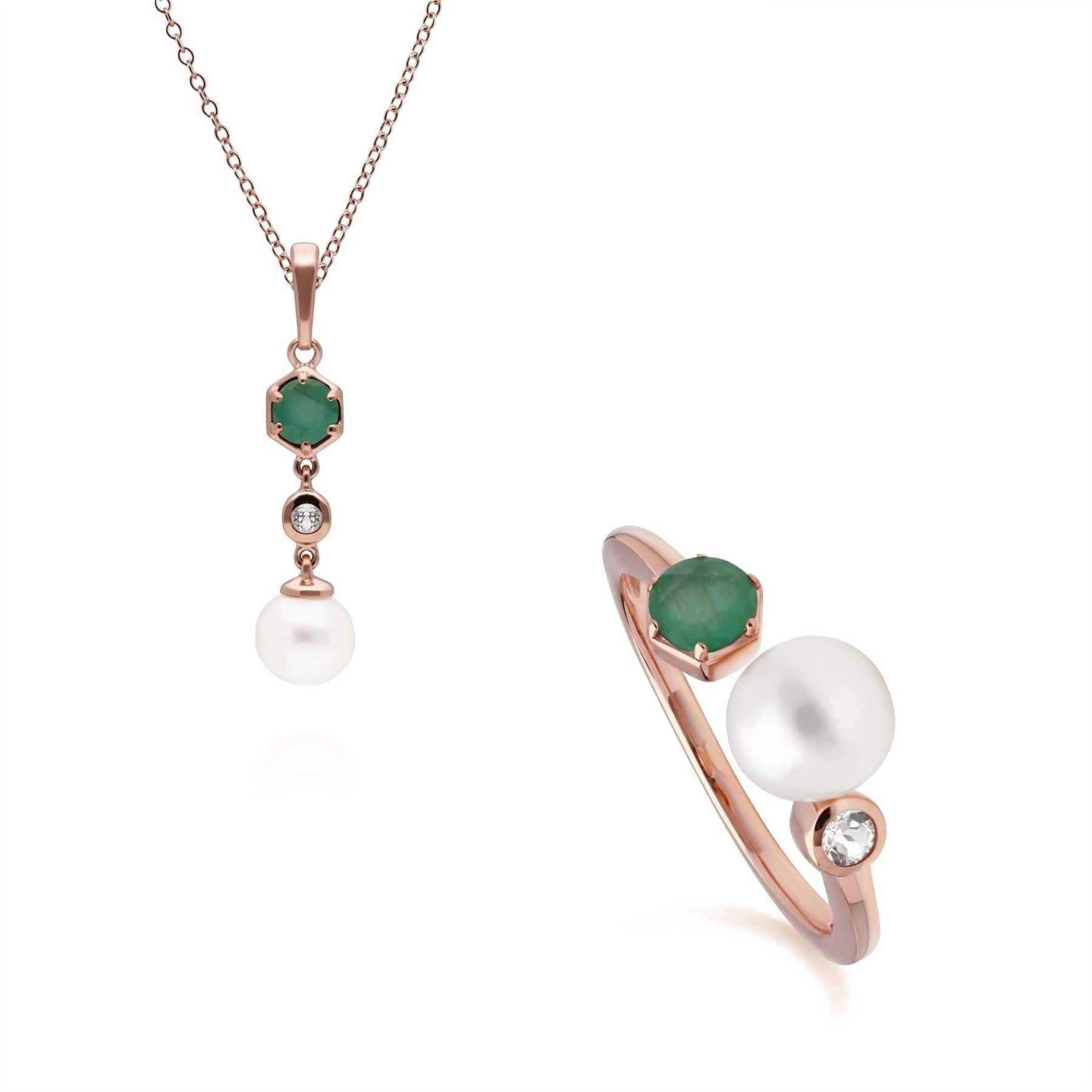 270P030303925-270R058803925 Modern Pearl, Emerald & Topaz Pendant & Ring Set in Rose Gold Plated Silver 1