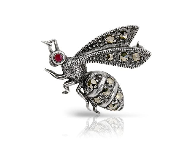 Art Nouveau Style Round Marcasite & Ruby Wasp Brooch in 925 Sterling Silver