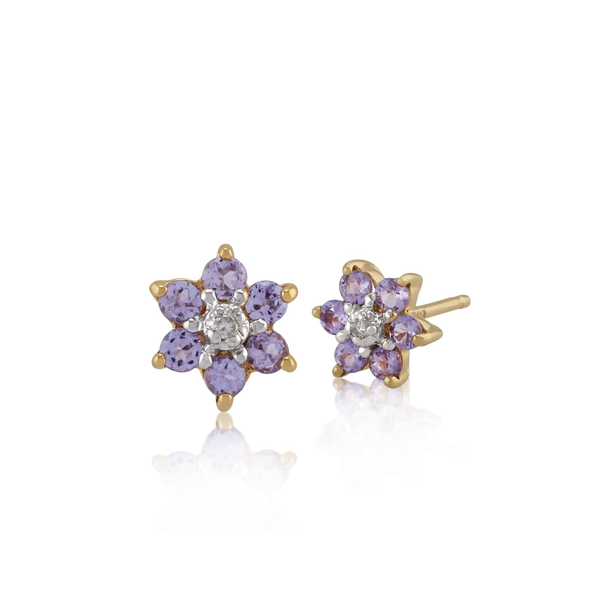 26933 Floral Round Tanzanite & Diamond Cluster Stud Earrings in 9ct Yellow Gold 1