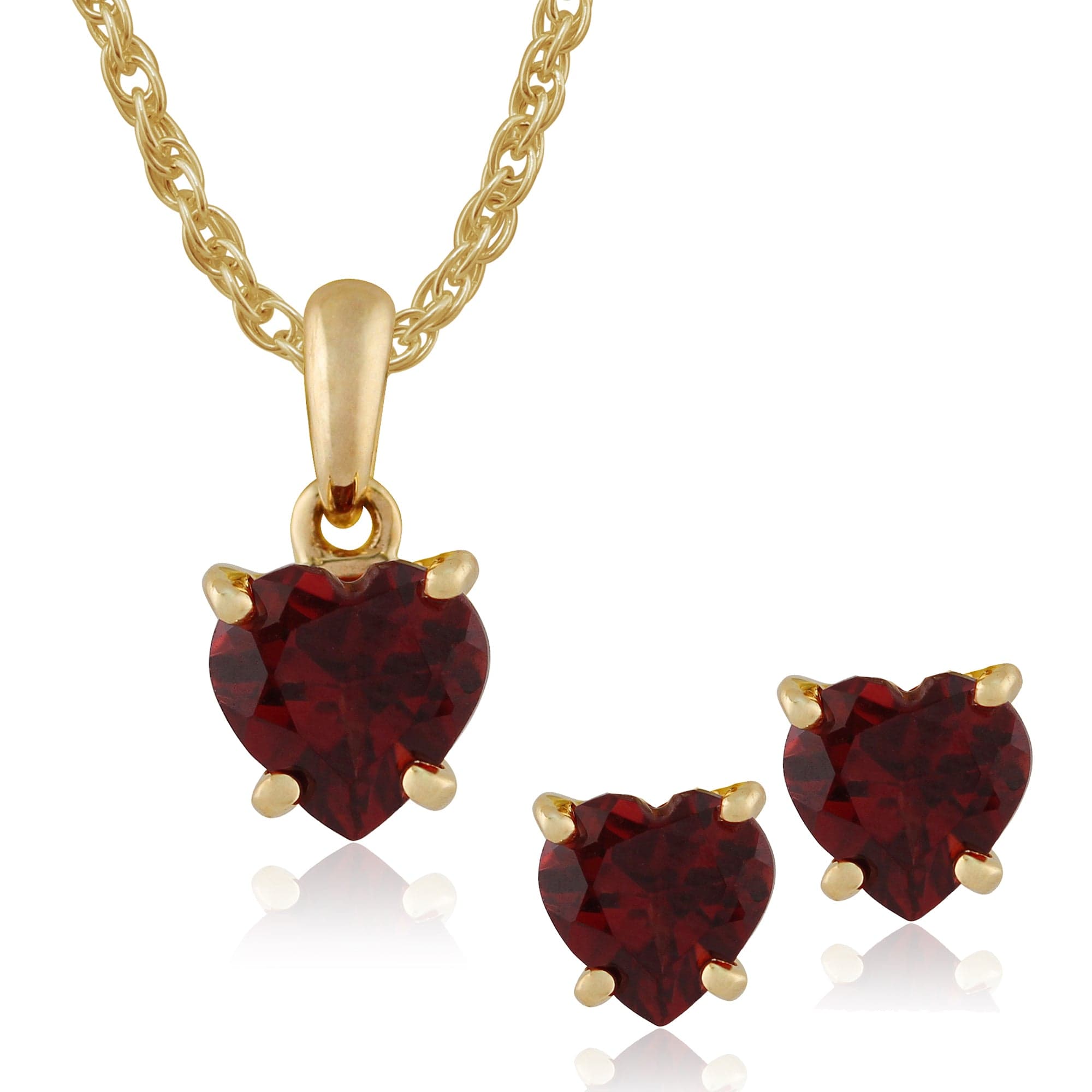 26940-135P1463029 Classic Heart Garnet Single Stone Heart Stud Earrings & Pendant Set in 9ct Yellow Gold 1