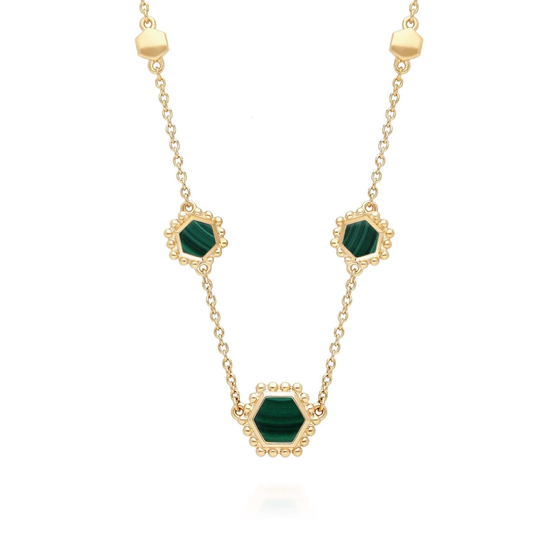271N014602925 Malachite Flat Slice Hex Chain Necklace in Gold Plated Sterling Silver 1