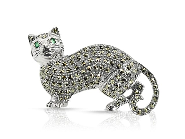 Art Nouveau Style Emerald & Marcasite Fat Cat Brooch in 925 Sterling Silver - Gemondo