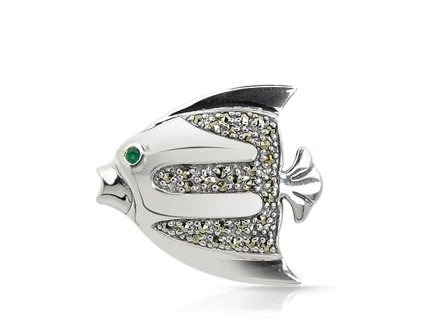 Art Nouveau Style Emerald & Marcasite Fish Brooch in 925 Sterling Silver - Gemondo