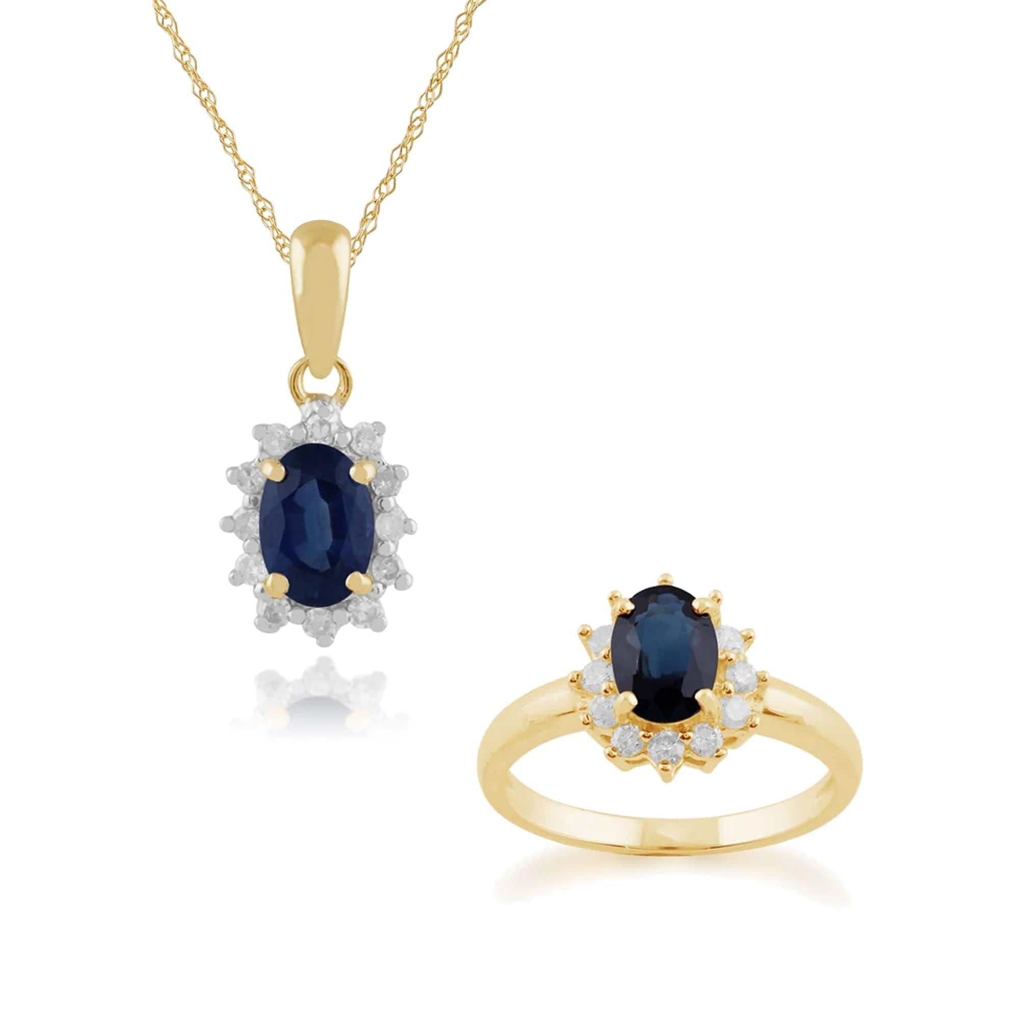 27018-183R1846089 Classic Oval Sapphire & Diamond Halo Cluster Pendant & Ring Set in 9ct Yellow Gold 1