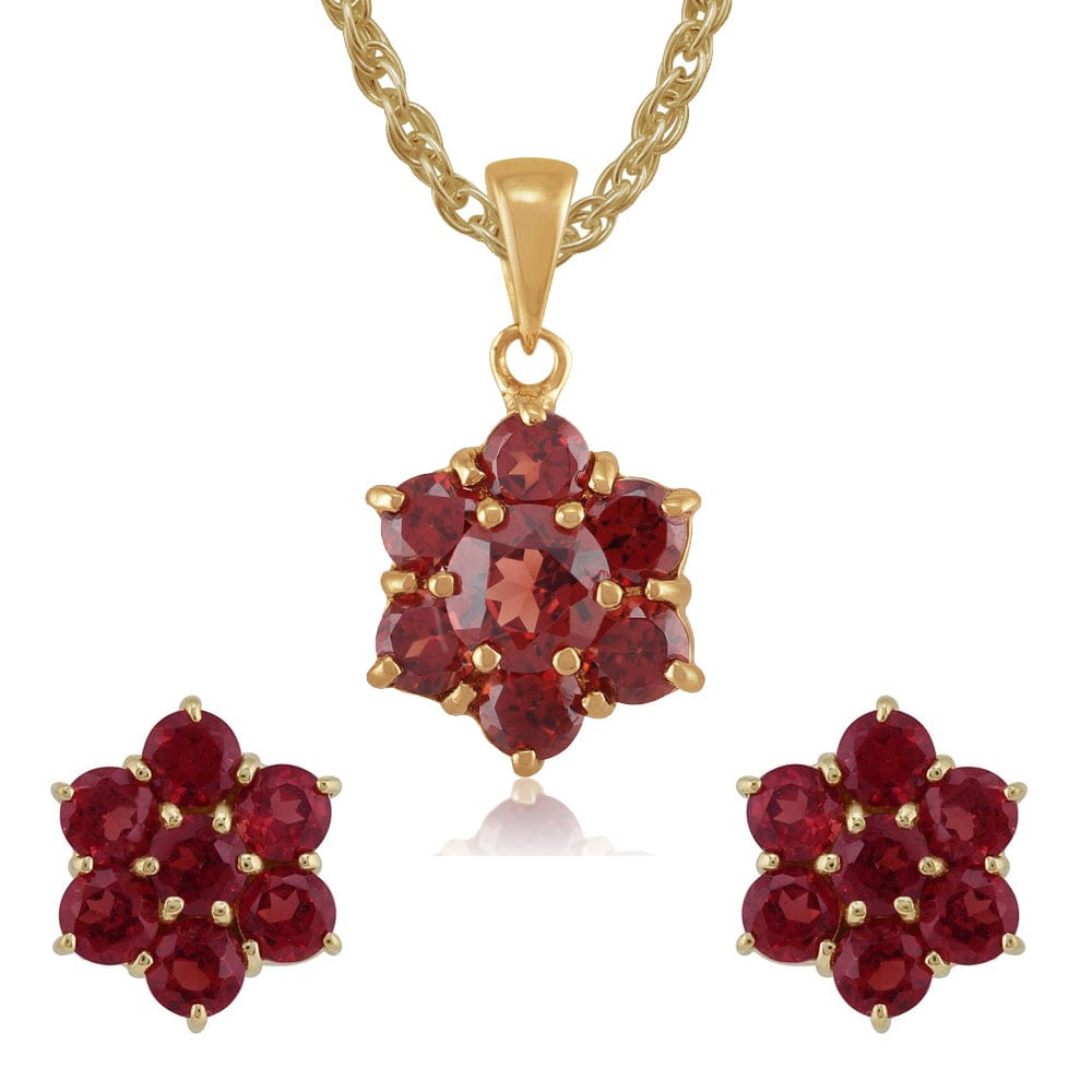 26951-27061 Floral Round Garnet Flower Cluster Stud Earrings & Pendant Set in 9ct Yellow Gold 1