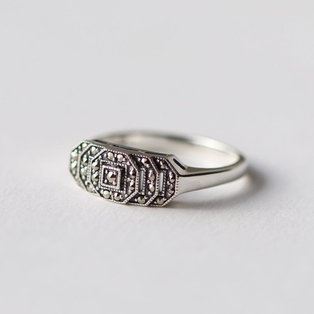 Art Deco Style Round Marcasite Stepped Ring in 925 Sterling Silver - Gemondo