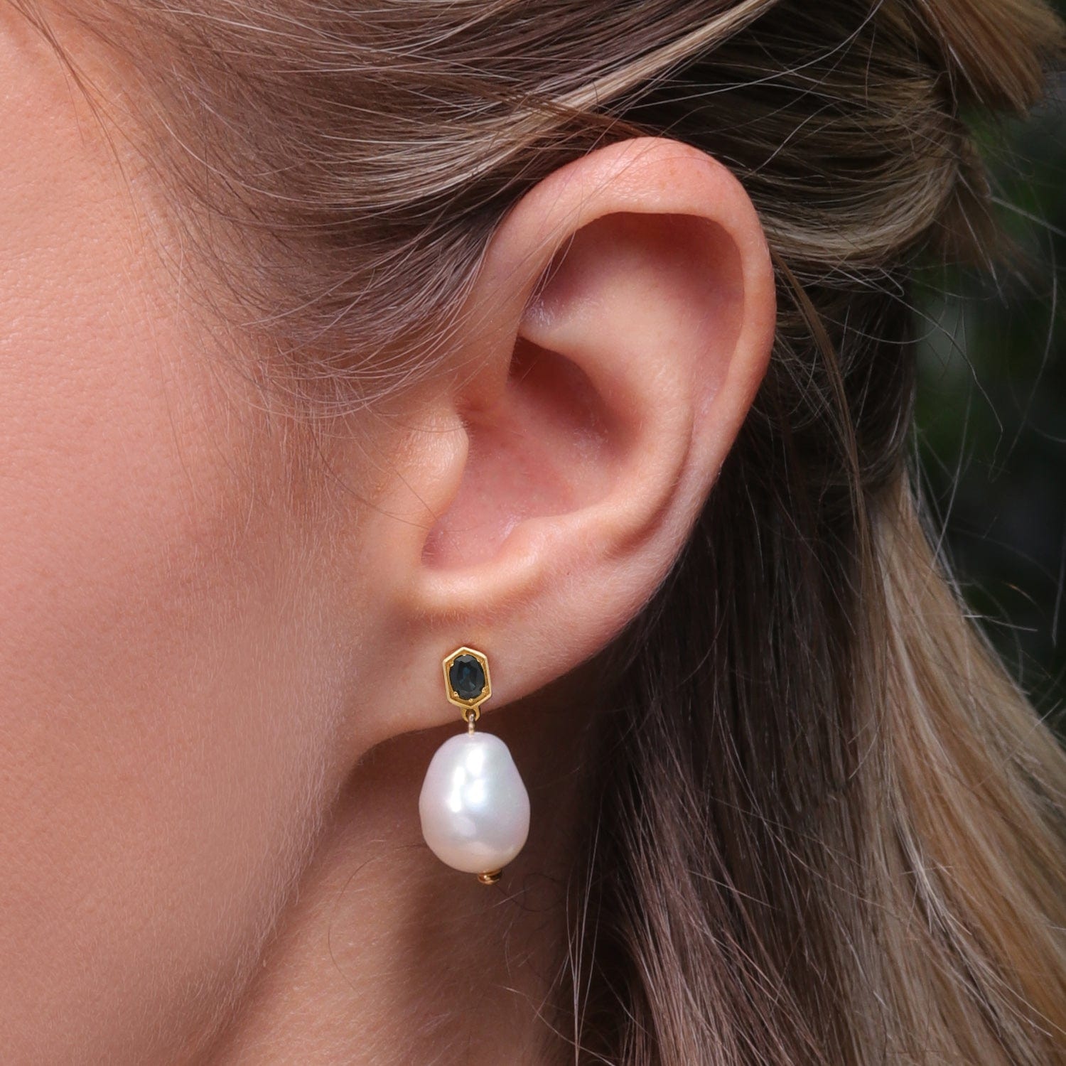 270E028202925 Modern Baroque Pearl & Sapphire Drop Earrings in Gold Plated Silver 2