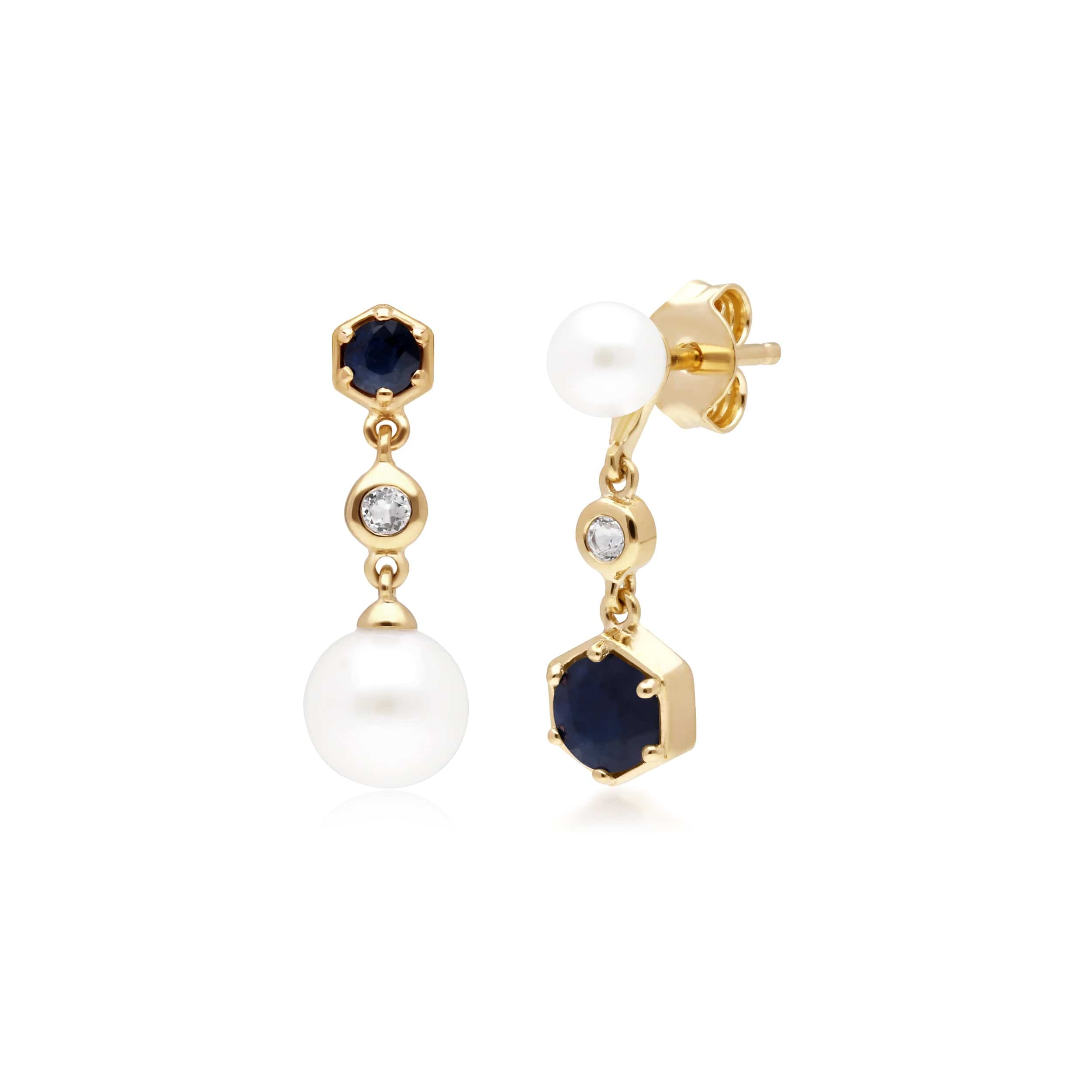 270E030101925 Modern Pearl, Sapphire & Topaz Mismatched Drop Earrings in Gold Plated Silver 1