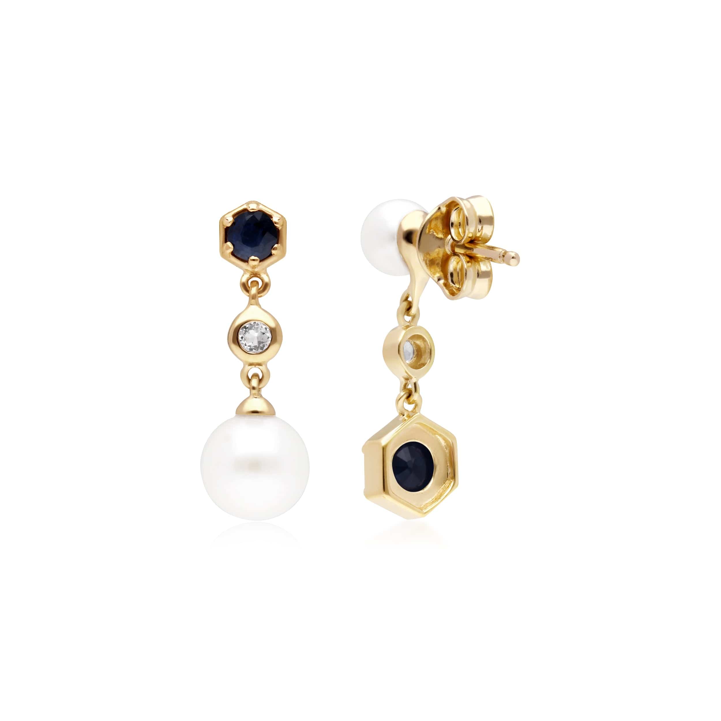 270E030101925 Modern Pearl, Sapphire & Topaz Mismatched Drop Earrings in Gold Plated Silver 2