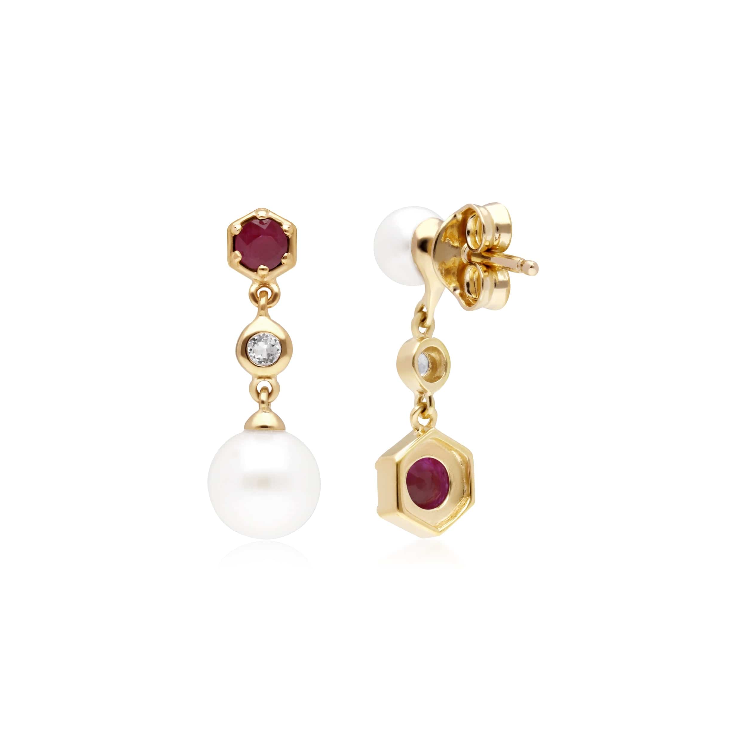270E030102925 Modern Pearl, Ruby & Topaz Mismatched Drop Earrings in Gold Plated Silver 2