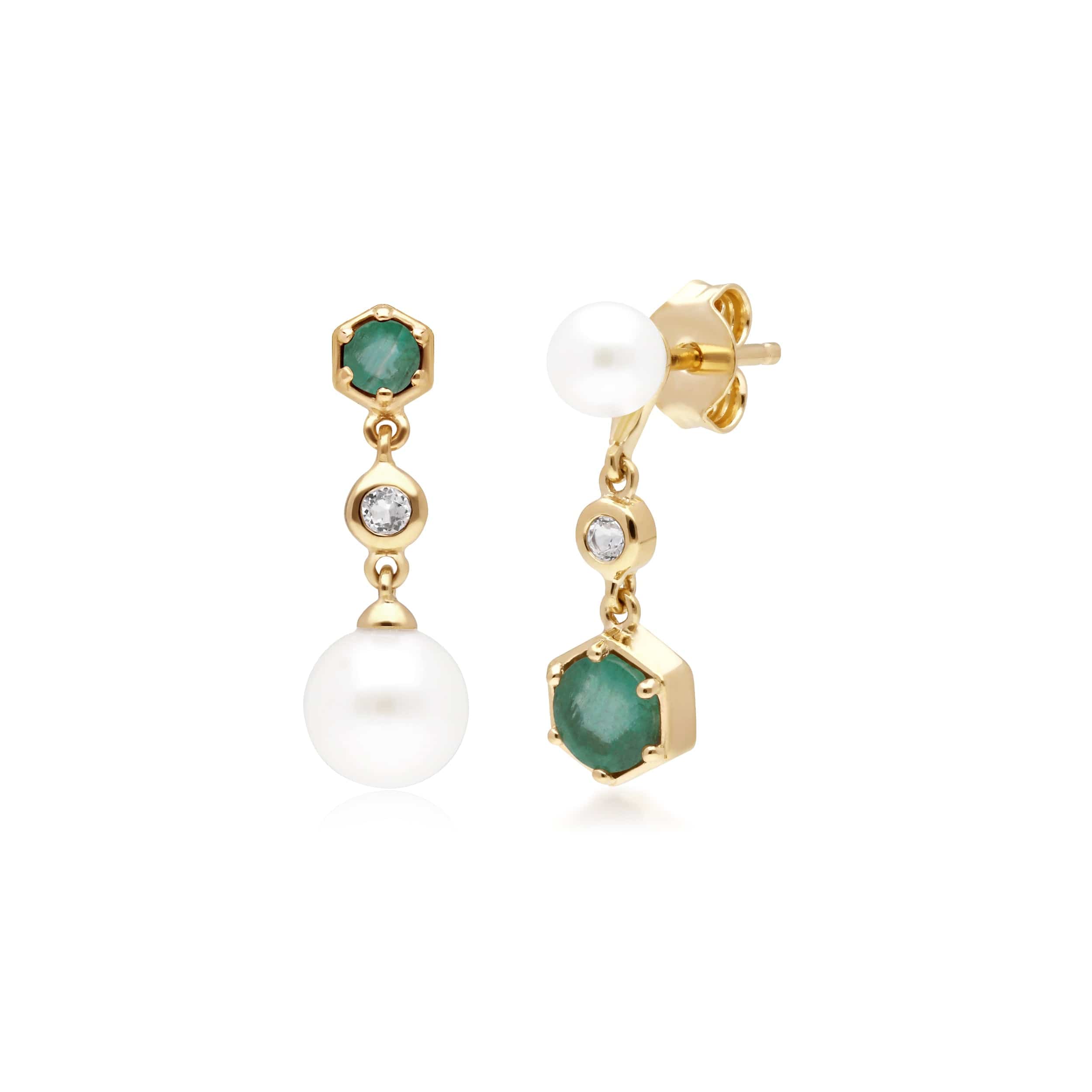 270E030103925 Modern Pearl, Emerald & Topaz Mismatched Drop Earrings in Gold Plated Silver 1