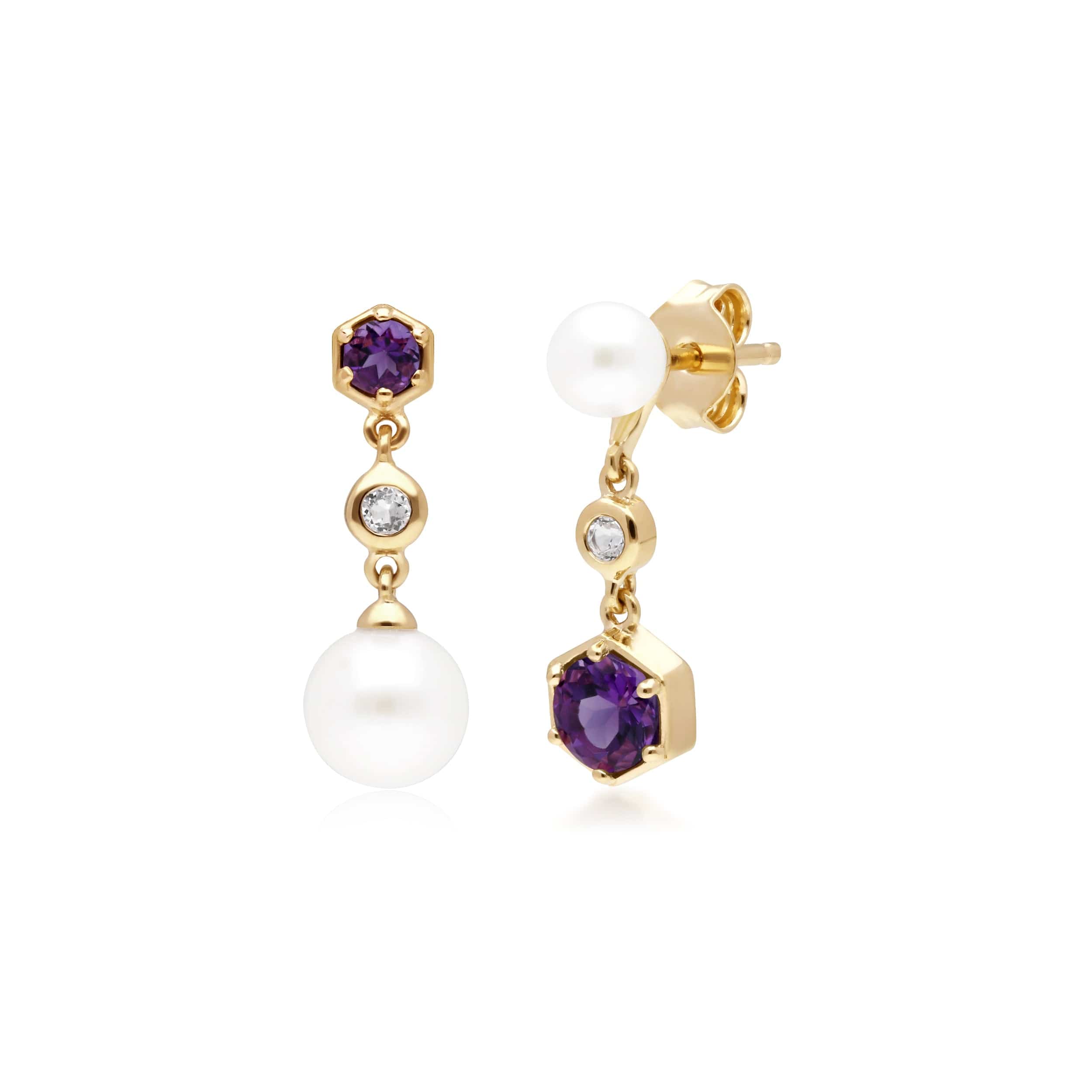 270E030104925 Modern Pearl, Amethyst & Topaz Mismatched Drop Earrings in Gold Plated Silver 1