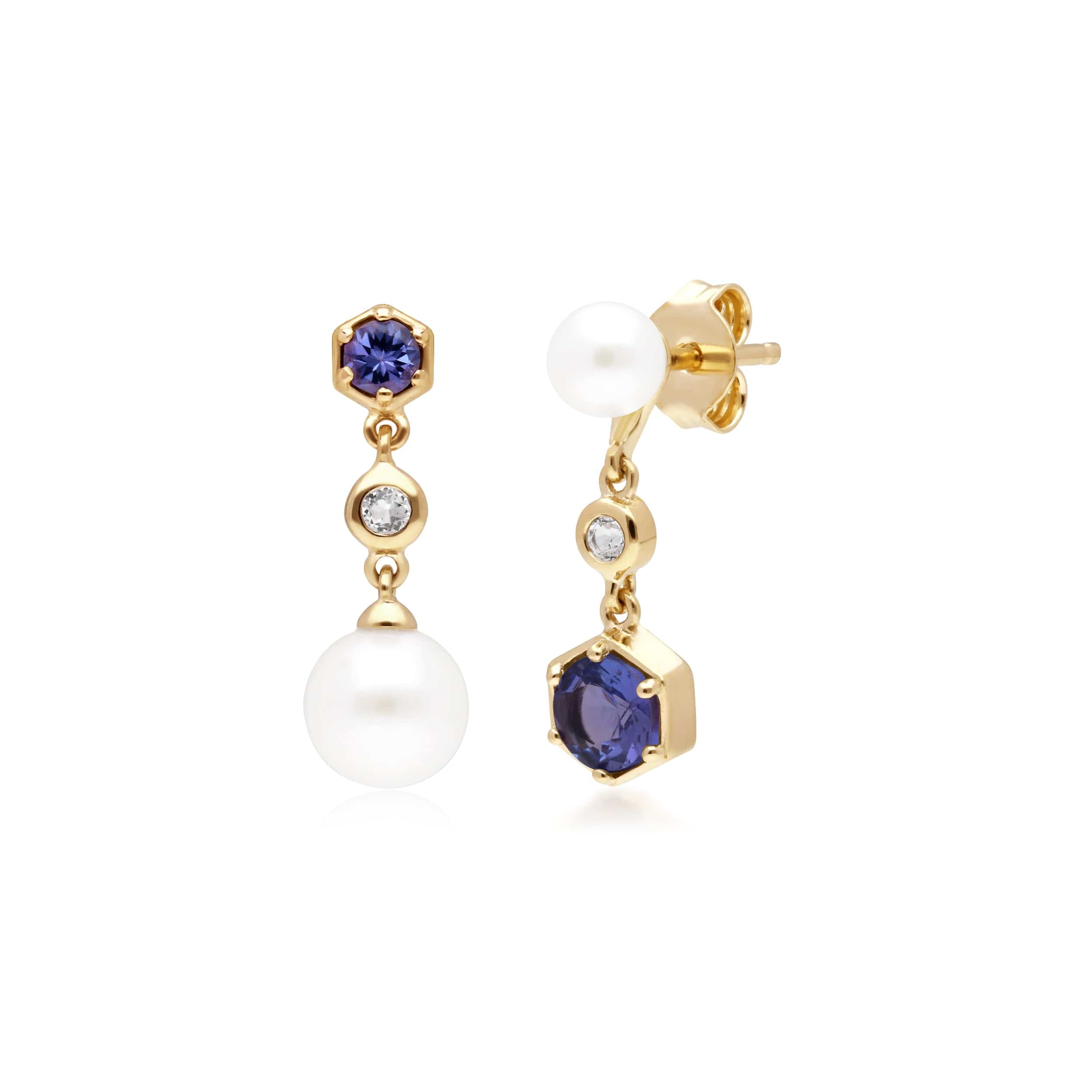 270E030108925 Modern Pearl, Tanzanite & Topaz Mismatched Drop Earrings in Gold Plated Silver 1