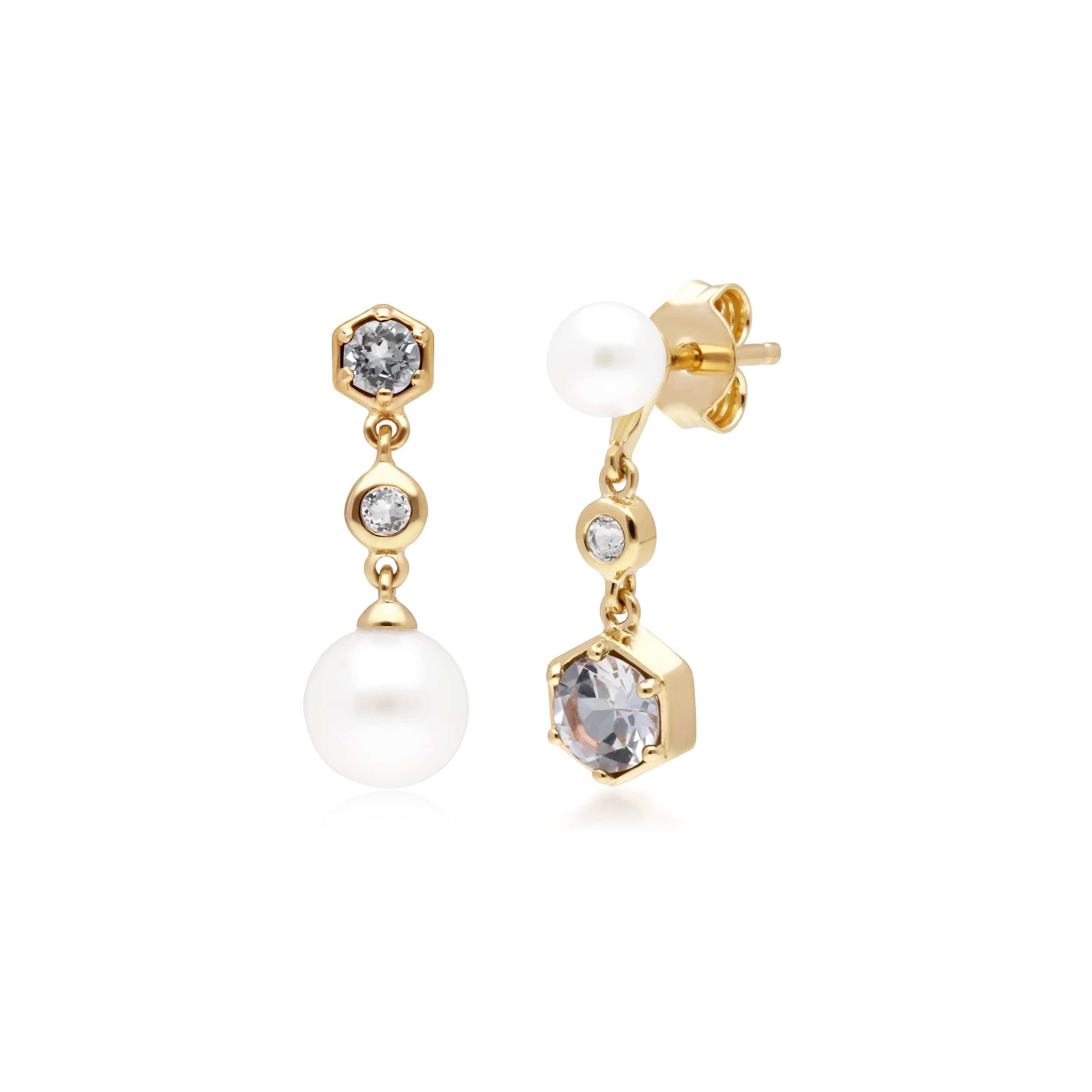 270E030109925 Modern Pearl, White Topaz Mismatched Drop Earrings in Gold Plated Silver 1