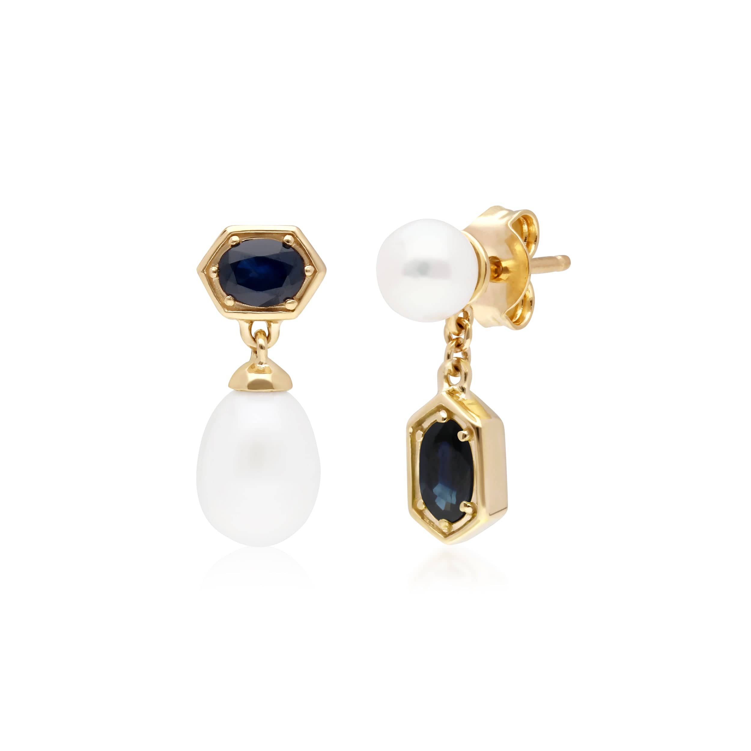 Modern Pearl & Sapphire Mismatched Drop Earrings in Gold Plated Sterling Silver