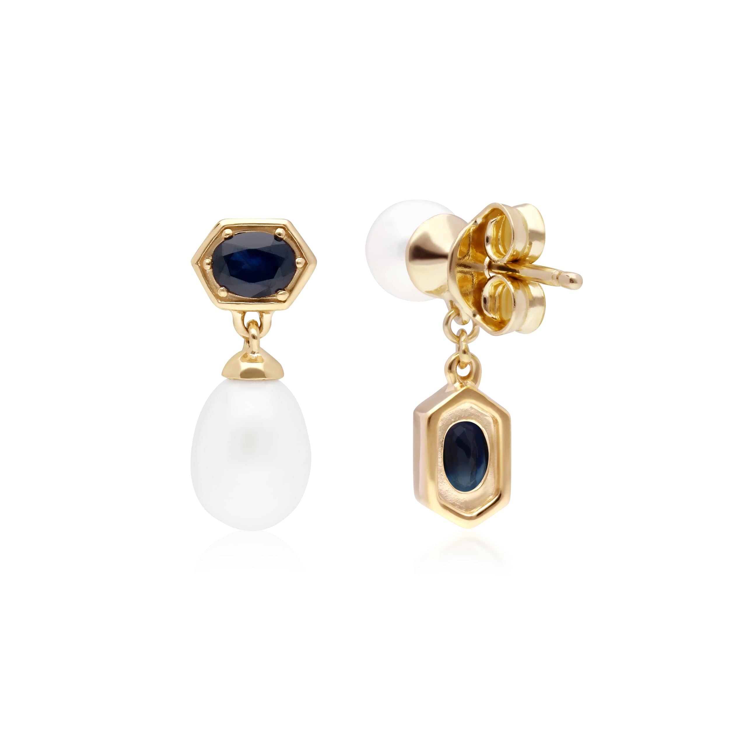 270E030201925 Modern Pearl & Sapphire Mismatched Drop Earrings in Gold Plated Silver 2