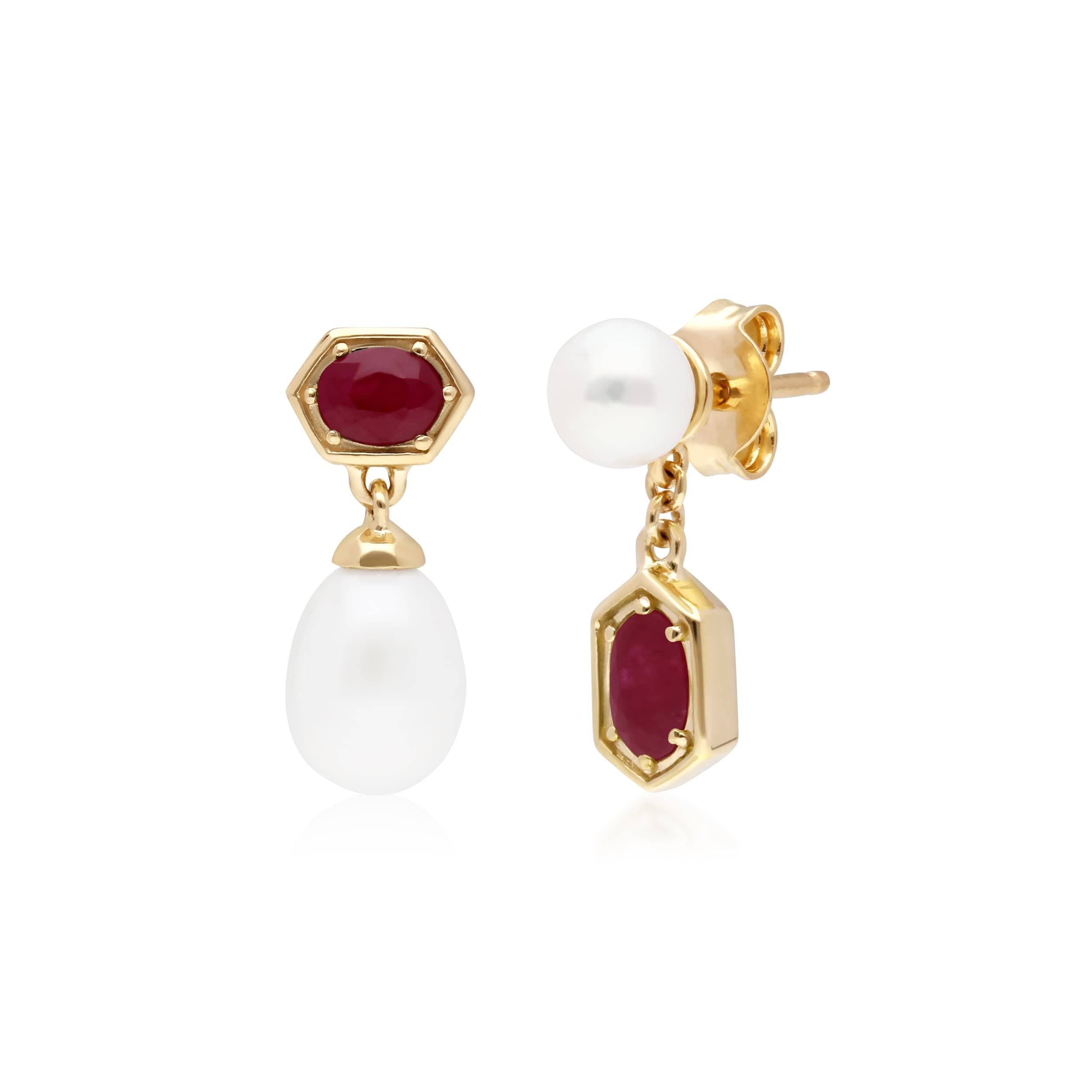 270E030202925 Modern Pearl & Ruby Mismatched Drop Earrings in Gold Plated Silver 1