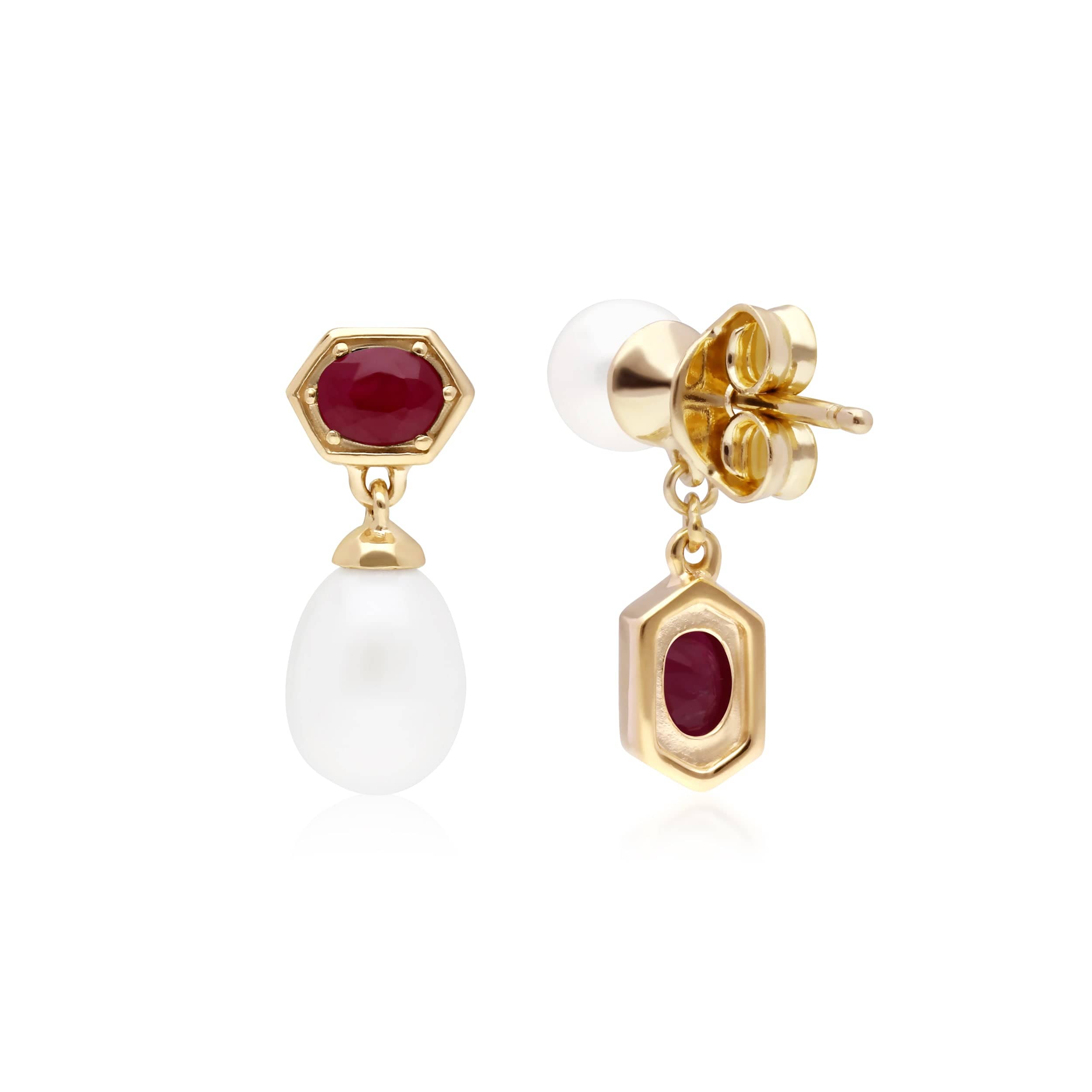 270E030202925 Modern Pearl & Ruby Mismatched Drop Earrings in Gold Plated Silver 2