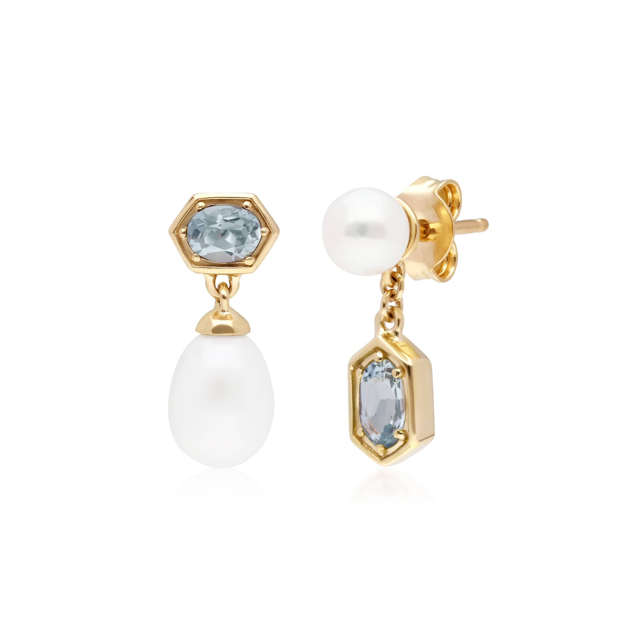 270E030204925 Modern Pearl & Aquamarine Mismatched Drop Earrings in Gold Plated Silver 1