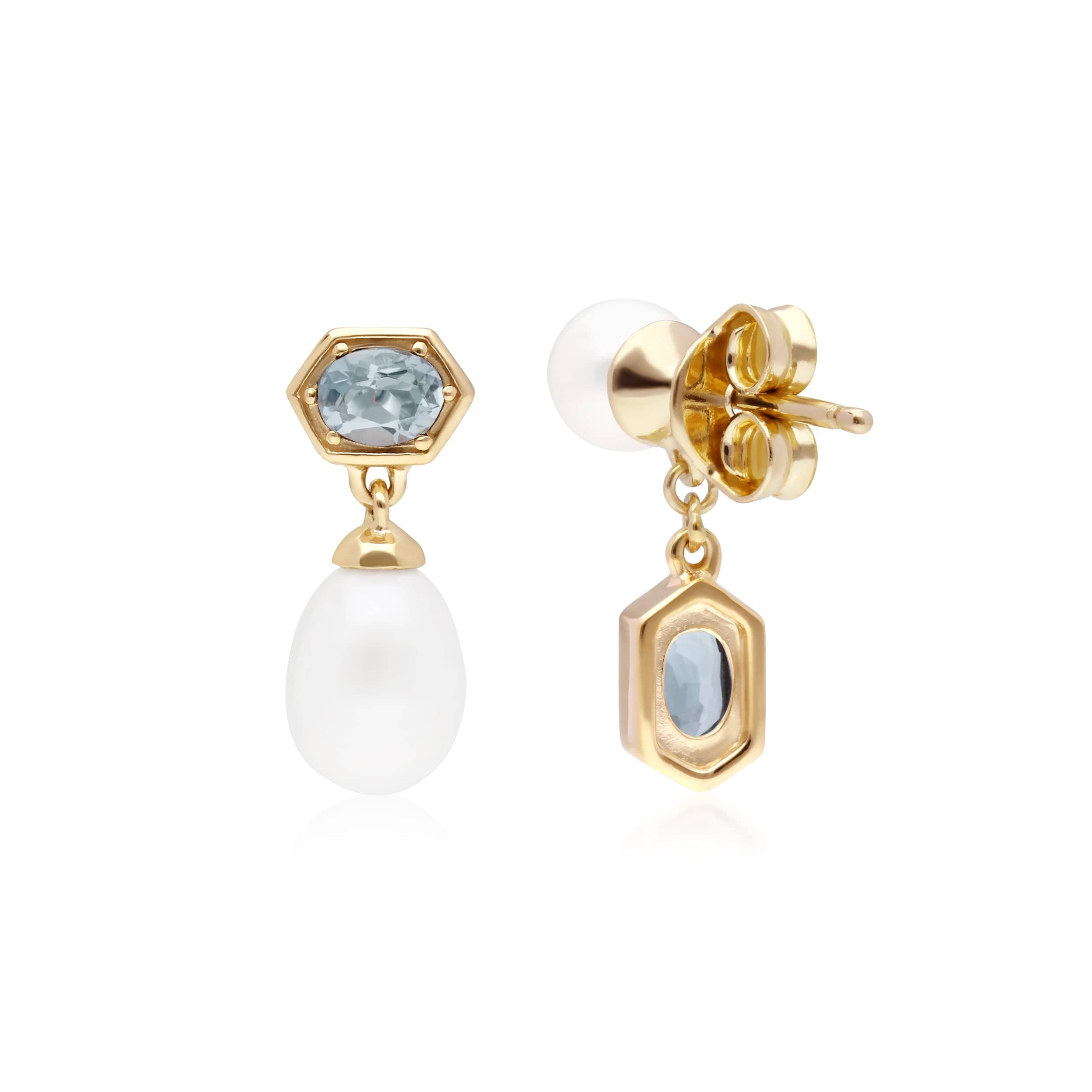 270E030204925 Modern Pearl & Aquamarine Mismatched Drop Earrings in Gold Plated Silver 2