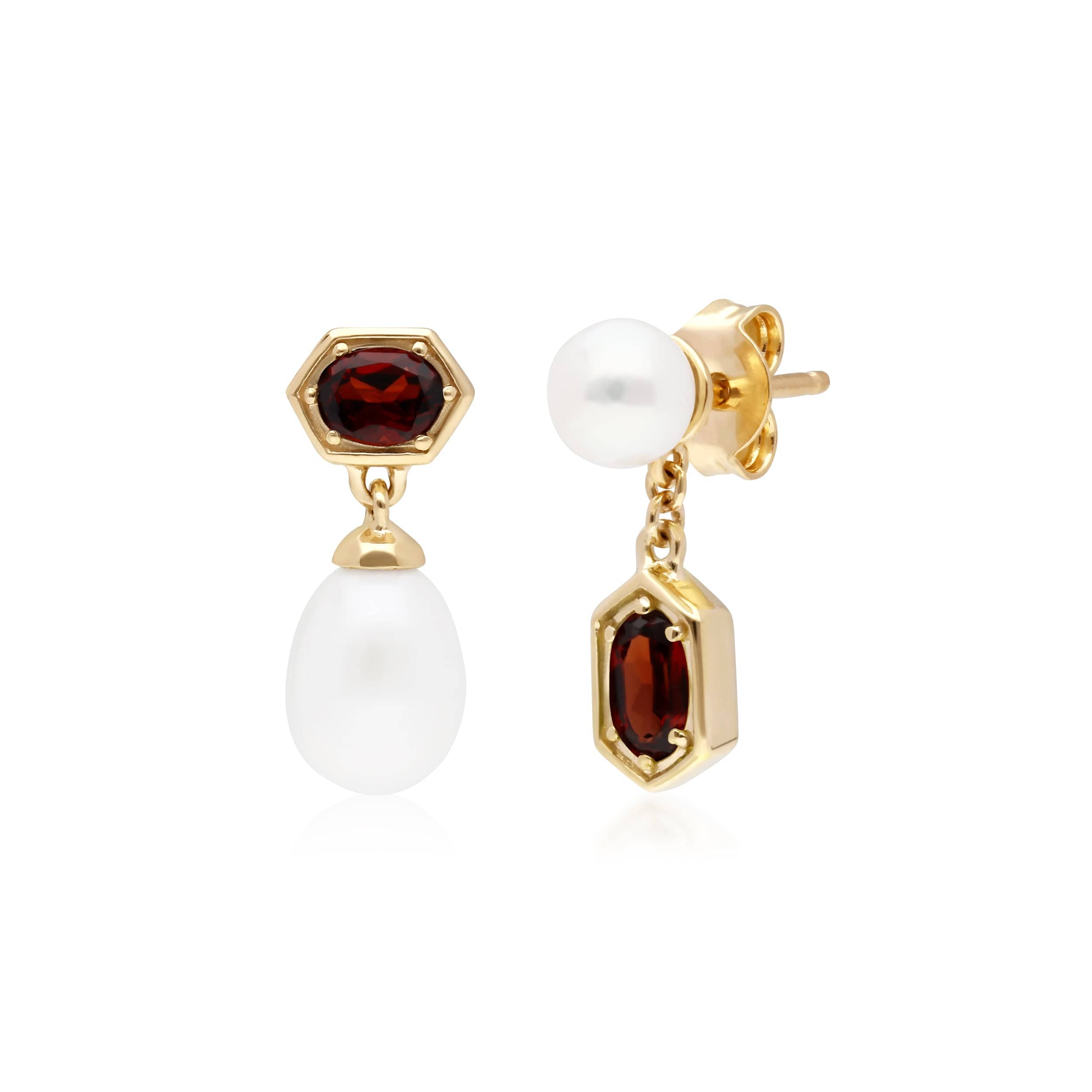 270E030207925 Modern Pearl & Garnet Mismatched Drop Earrings in Gold Plated Silver 1