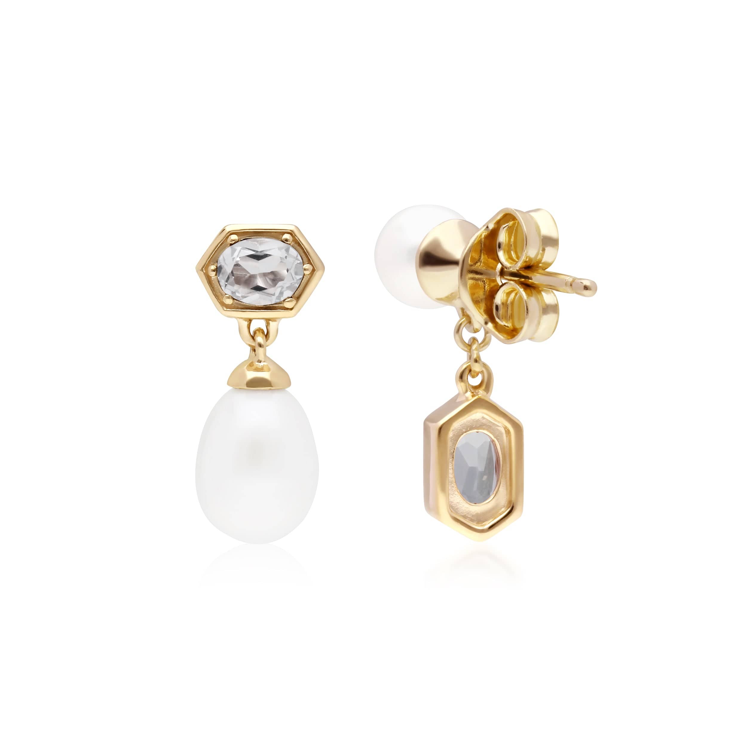 270E030209925 Modern Pearl & White Topaz Mismatched Drop Earrings in Gold Plated Silver 2