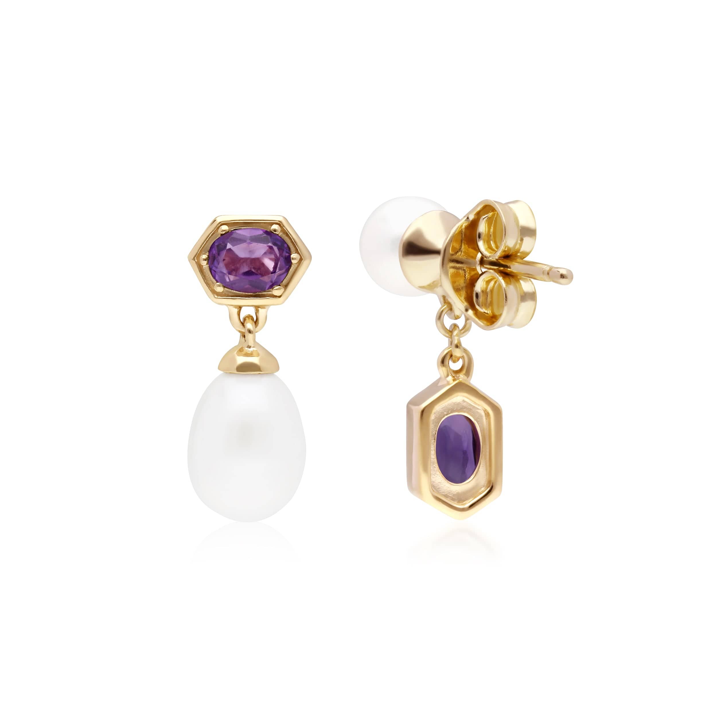 270E030210925 Modern Pearl & Amethyst Mismatched Drop Earrings in Gold Plated Silver 2
