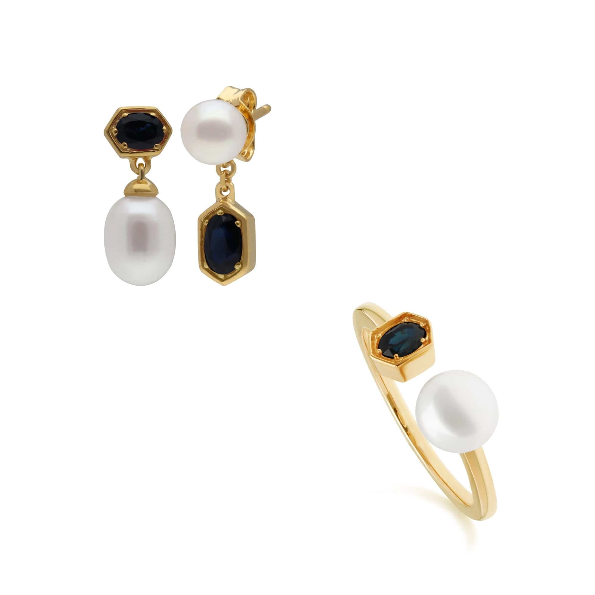 270E030201925-270R058701925 Modern Pearl & Sapphire Earring & Ring Set in Gold Plated Silver 1