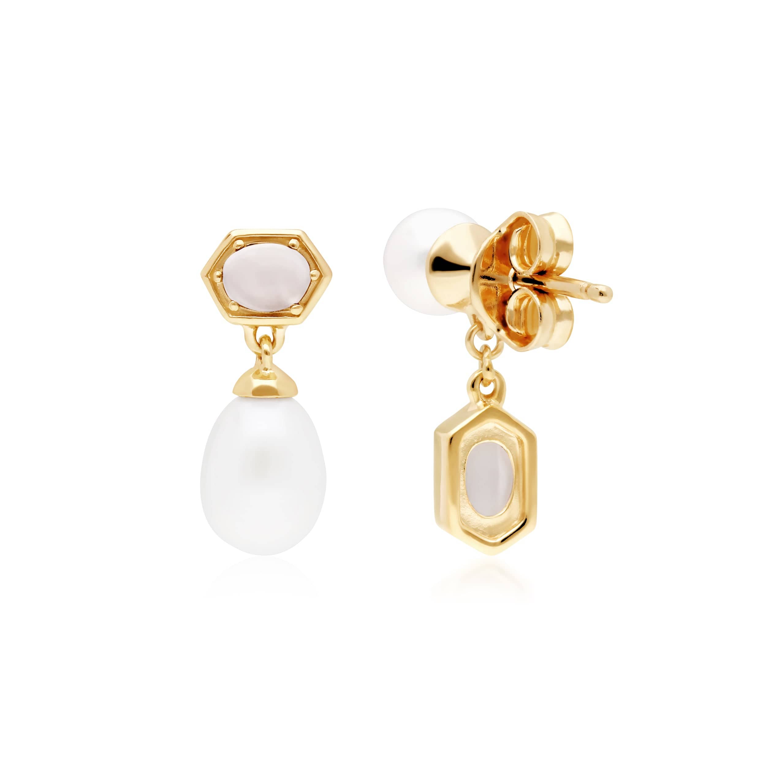 Modern Pearl & Moonstone Mismatched Drop Earrings in Gold Plated Silver 2