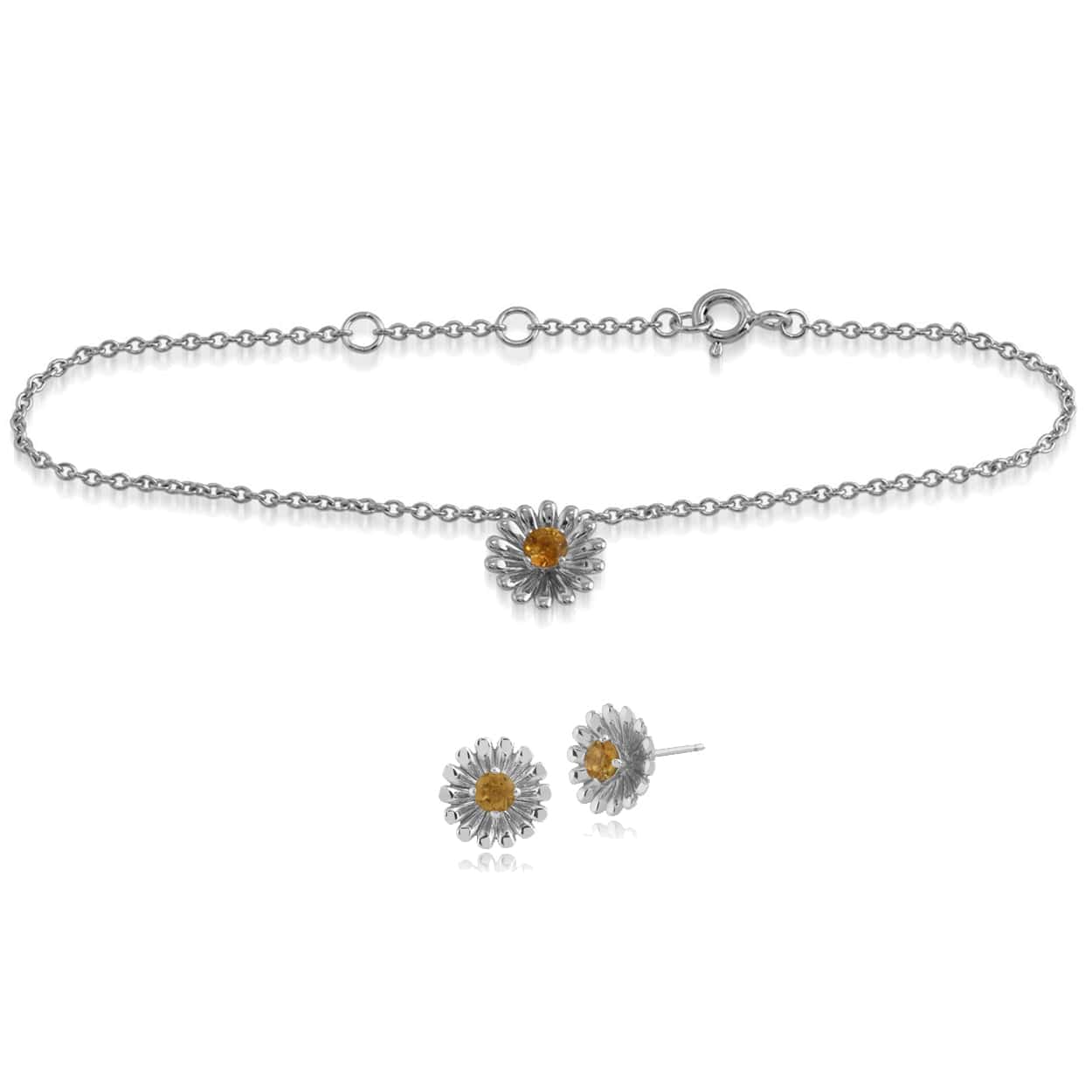 270E020201925-270L009501925 Floral Round Citrine Daisy Flower Stud Earrings & Bracelet Set in 925 Sterling Silver 1