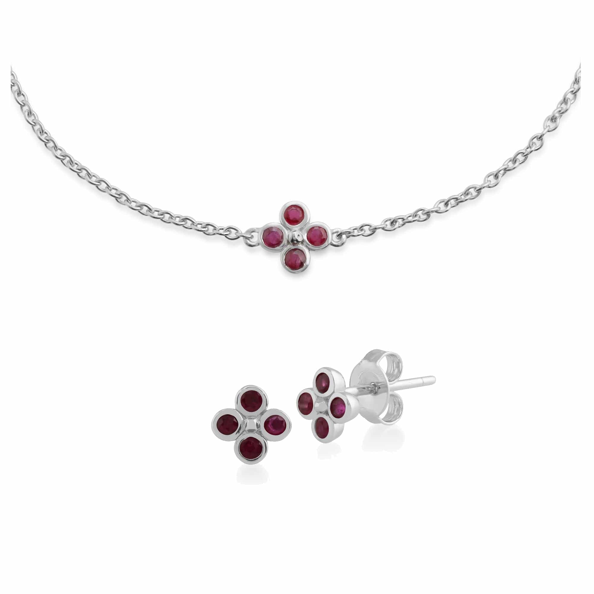 270E020402925-270L009702925 Floral Round Ruby Clover Stud Earrings & Bracelet Set in 925 Sterling Silver 1
