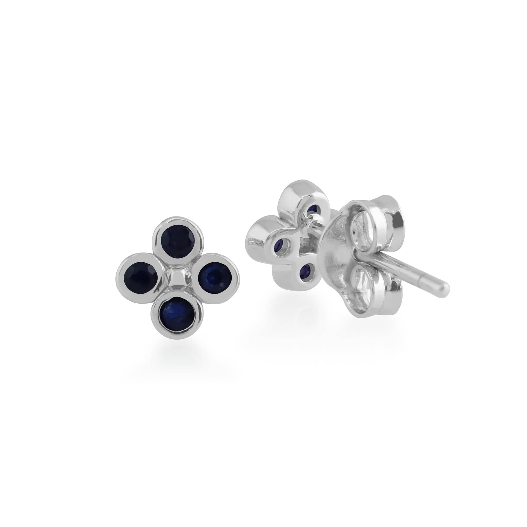 270E020403925 Floral Round Sapphire Bezel Set Clover Stud Earrings in 925 Sterling Silver 2