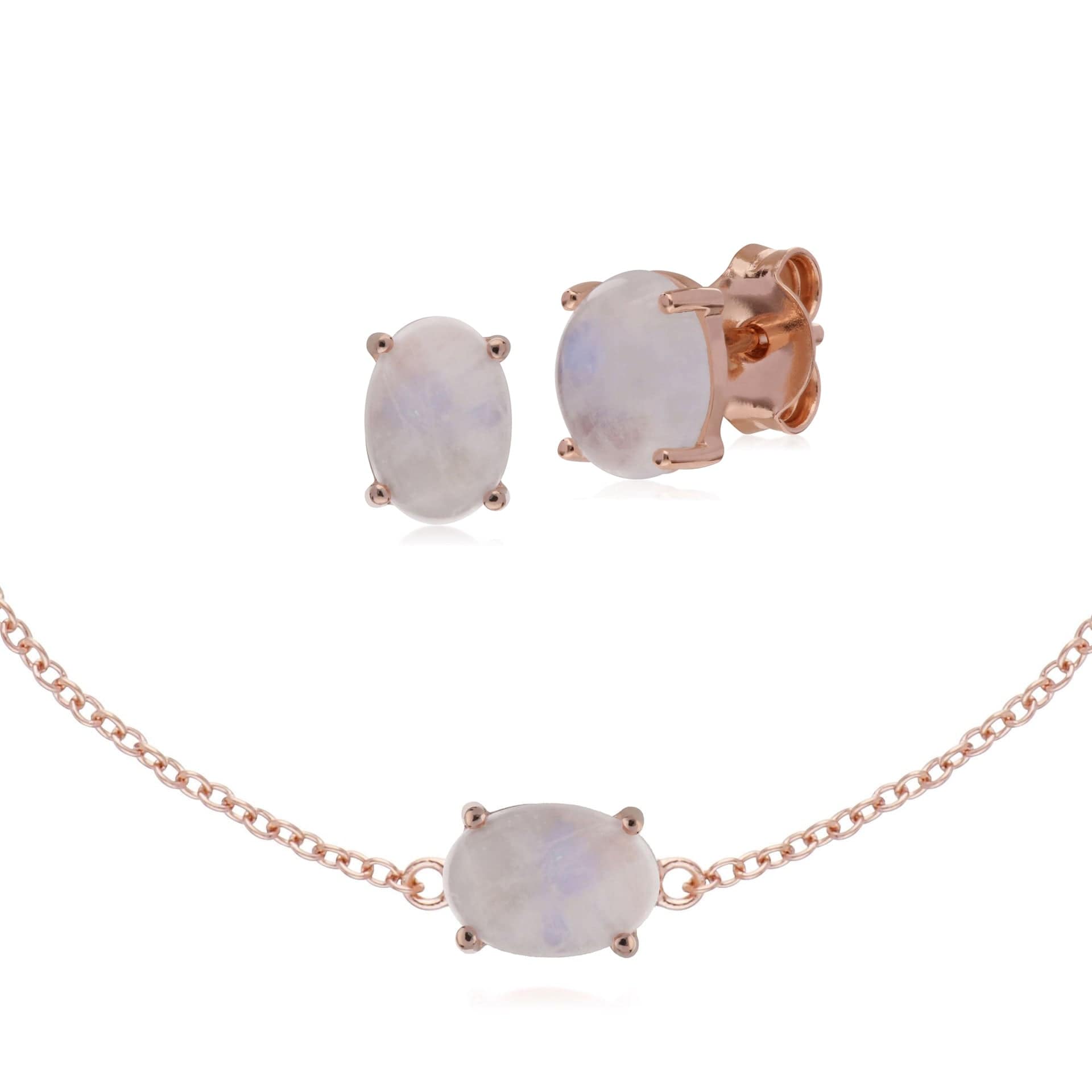 270E024002925-270L010702925 Classic Oval Rainbow Moonstone Stud Earrings & Bracelet Set in Rose Gold Plated 925 Sterling Silver 1