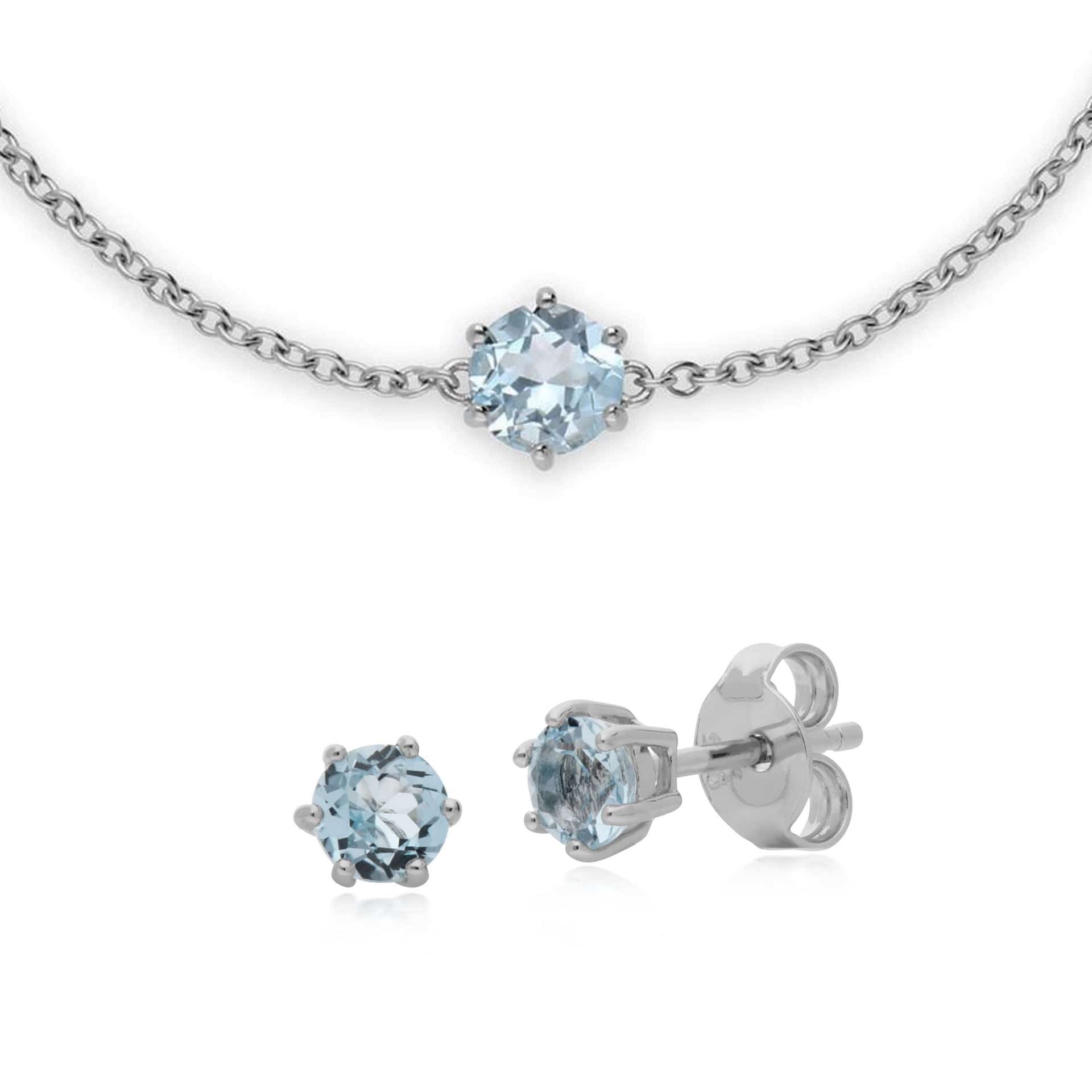 270E025101925-270L010801925 Classic Round Blue Topaz Stud Earrings & Bracelet Set in 925 Sterling Silver 1