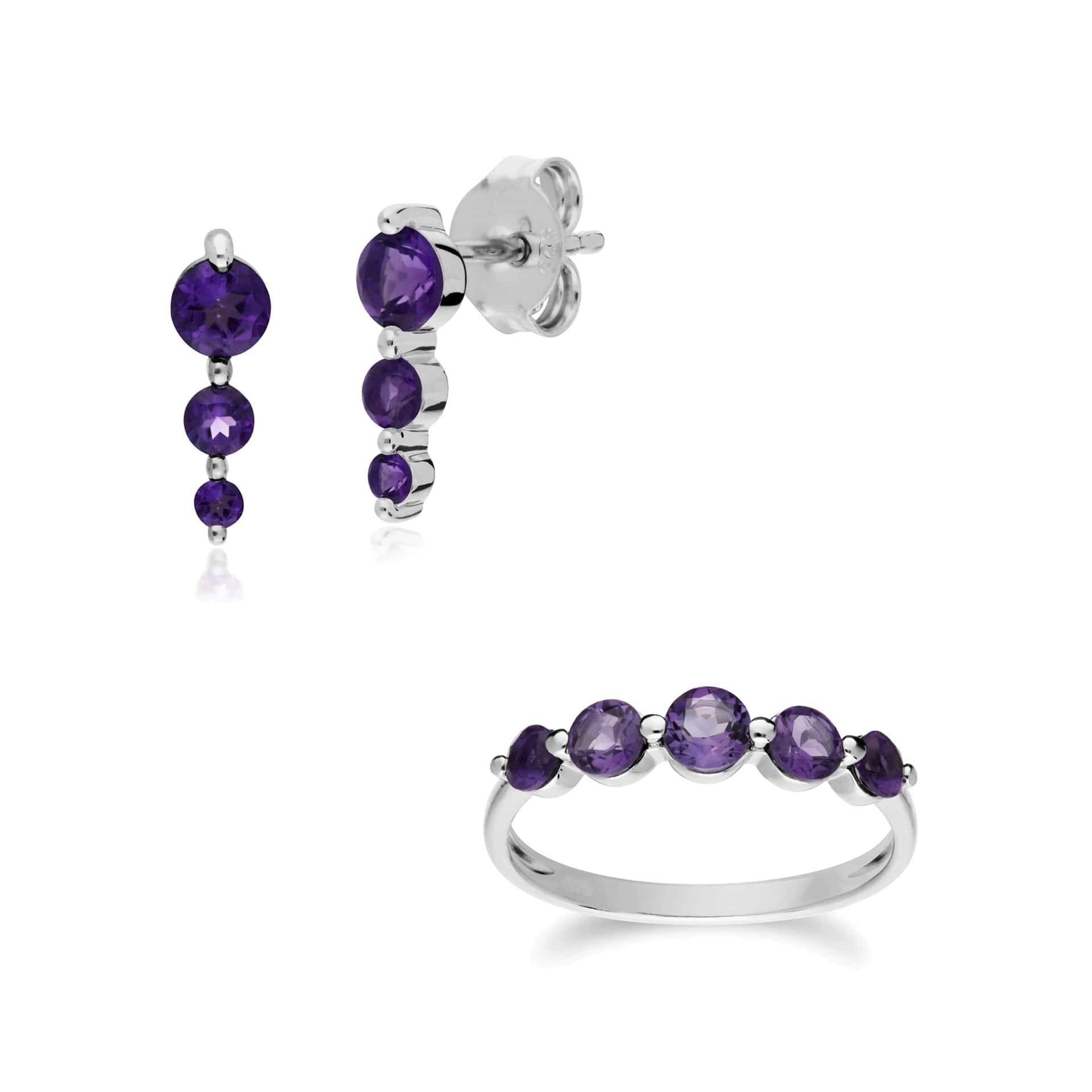 270E025503925-270R055903925 Classic Round Amethyst Three Stone Gradient Earrings & Five Stone Ring Set in 925 Sterling Silver 1