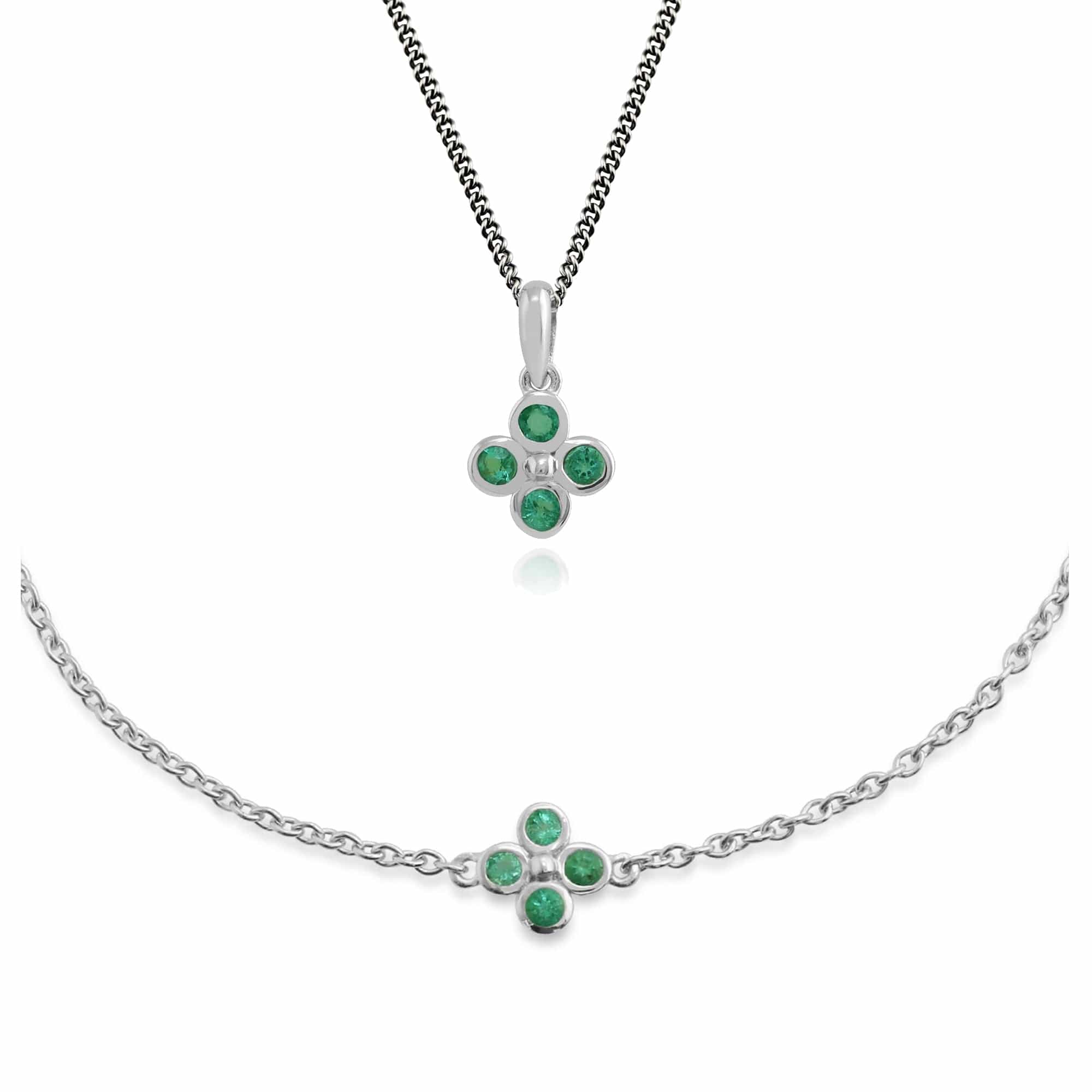 Floral Round Emerald Clover Bracelet & Pendant Set in 925 Sterling Silver - Gemondo