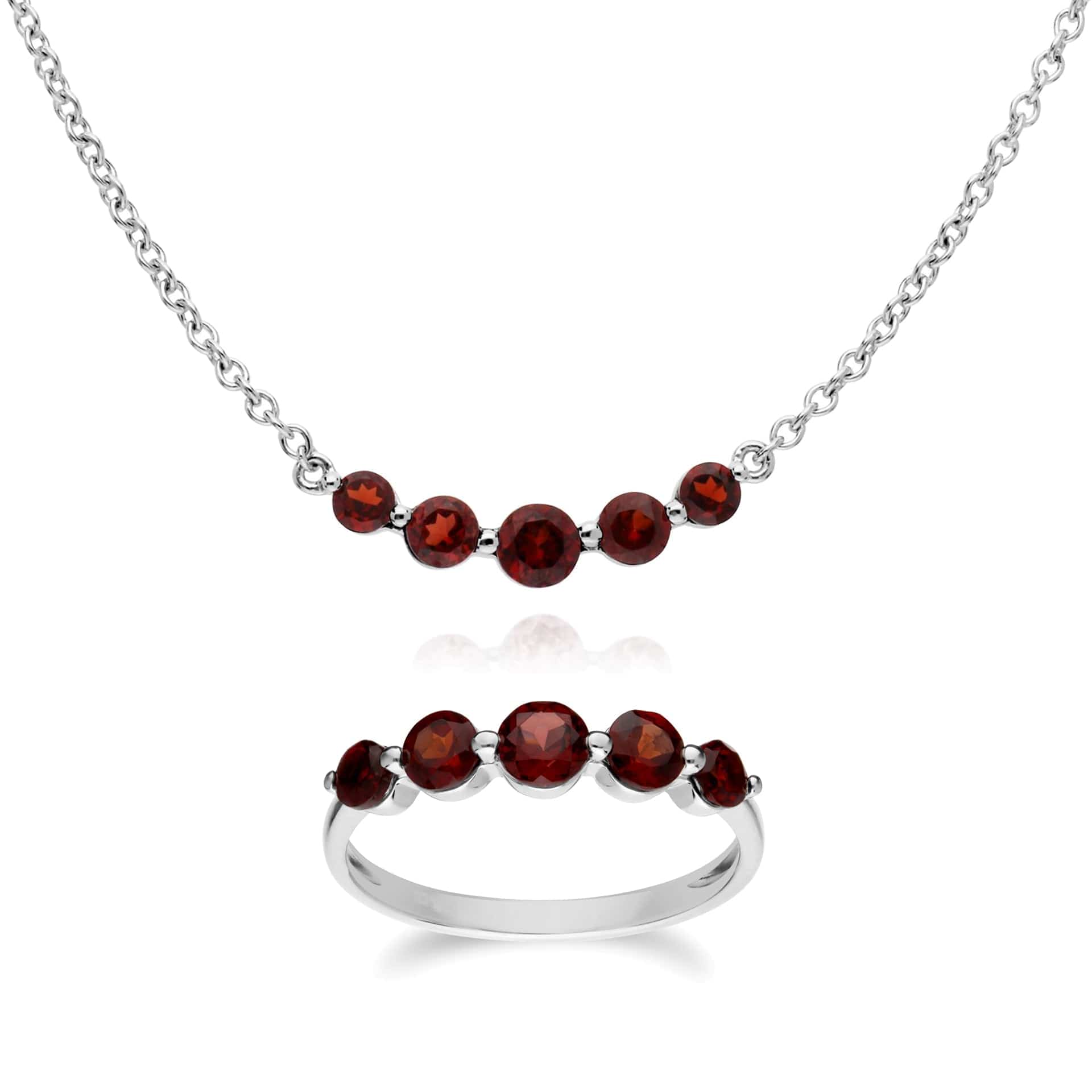 270N034102925-270R055902925 Classic Round Garnet Five Stone Gradient Ring & Necklace Set in 925 Sterling Silver 1