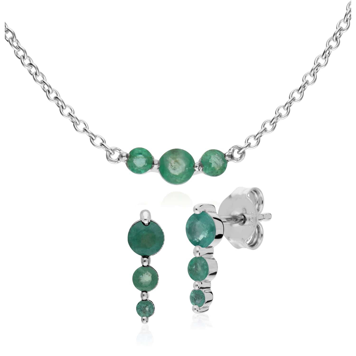 270E025507925-270N034207925 Classic Round Emerald Three Stone Earrings & Necklace Set in 925 Sterling Silver 1