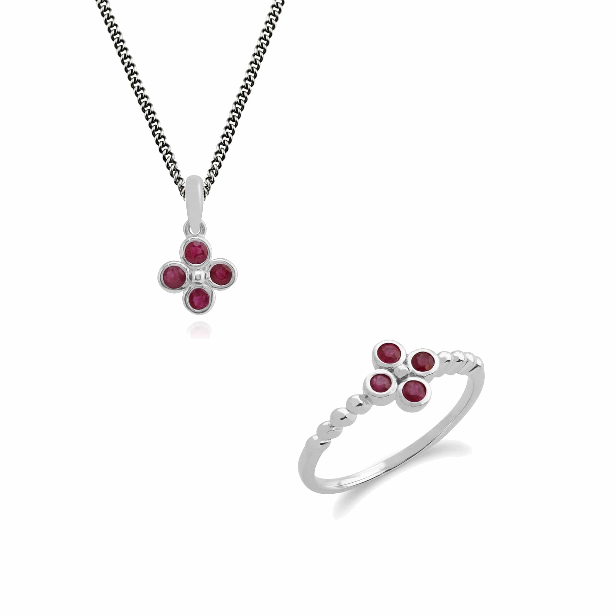 Floral Round Ruby Clover Pendant & Ring Set in 925 Sterling Silver - Gemondo