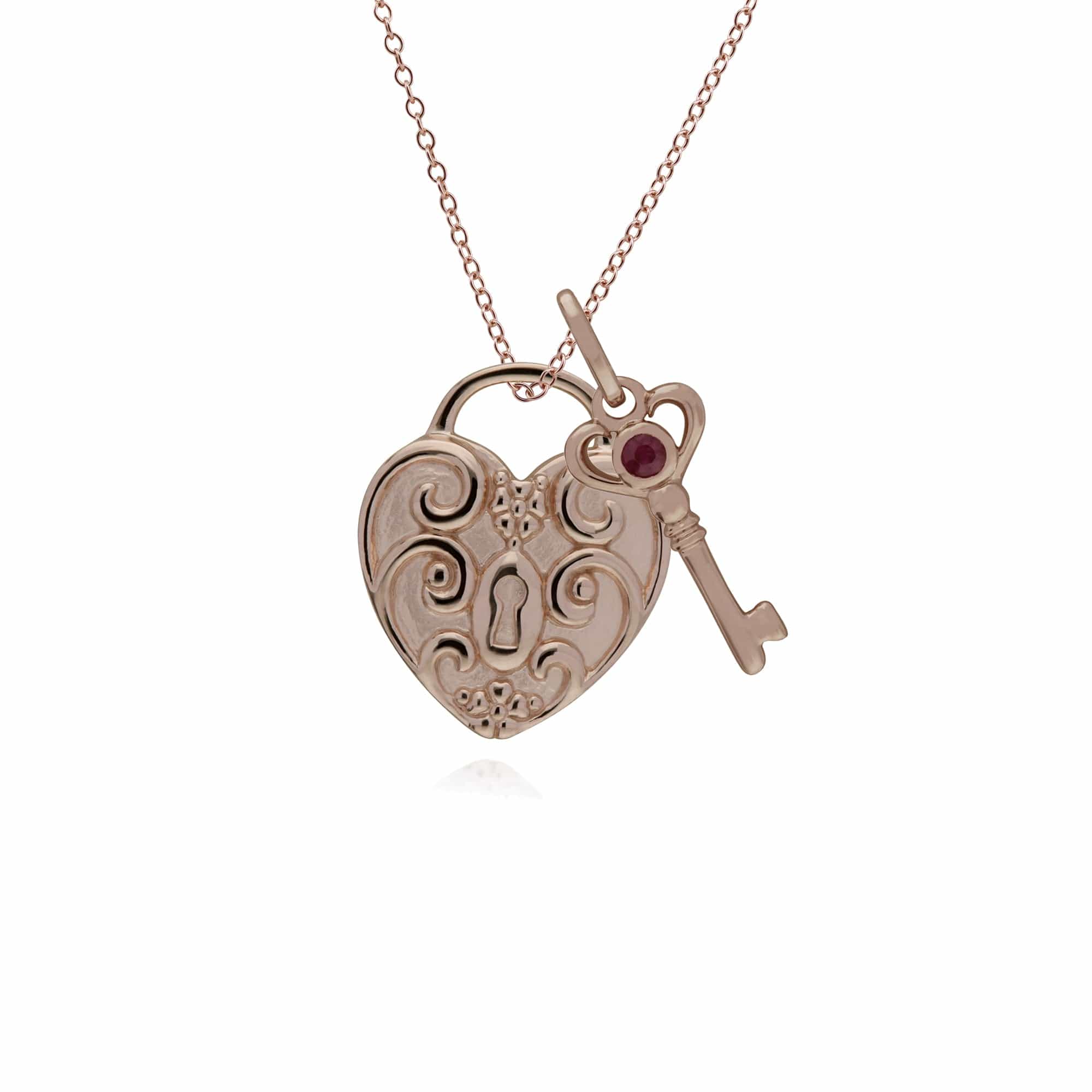 270P026301925-270P026501925 Classic Swirl Heart Lock Pendant & Ruby Key Charm in Rose Gold Plated 925 Sterling Silver 1