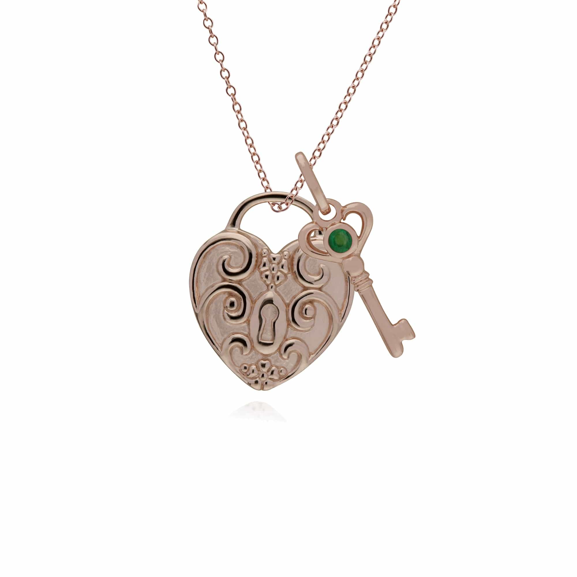 270P026303925-270P026501925 Classic Swirl Heart Lock Pendant & Emerald Key Charm in Rose Gold Plated 925 Sterling Silver 1