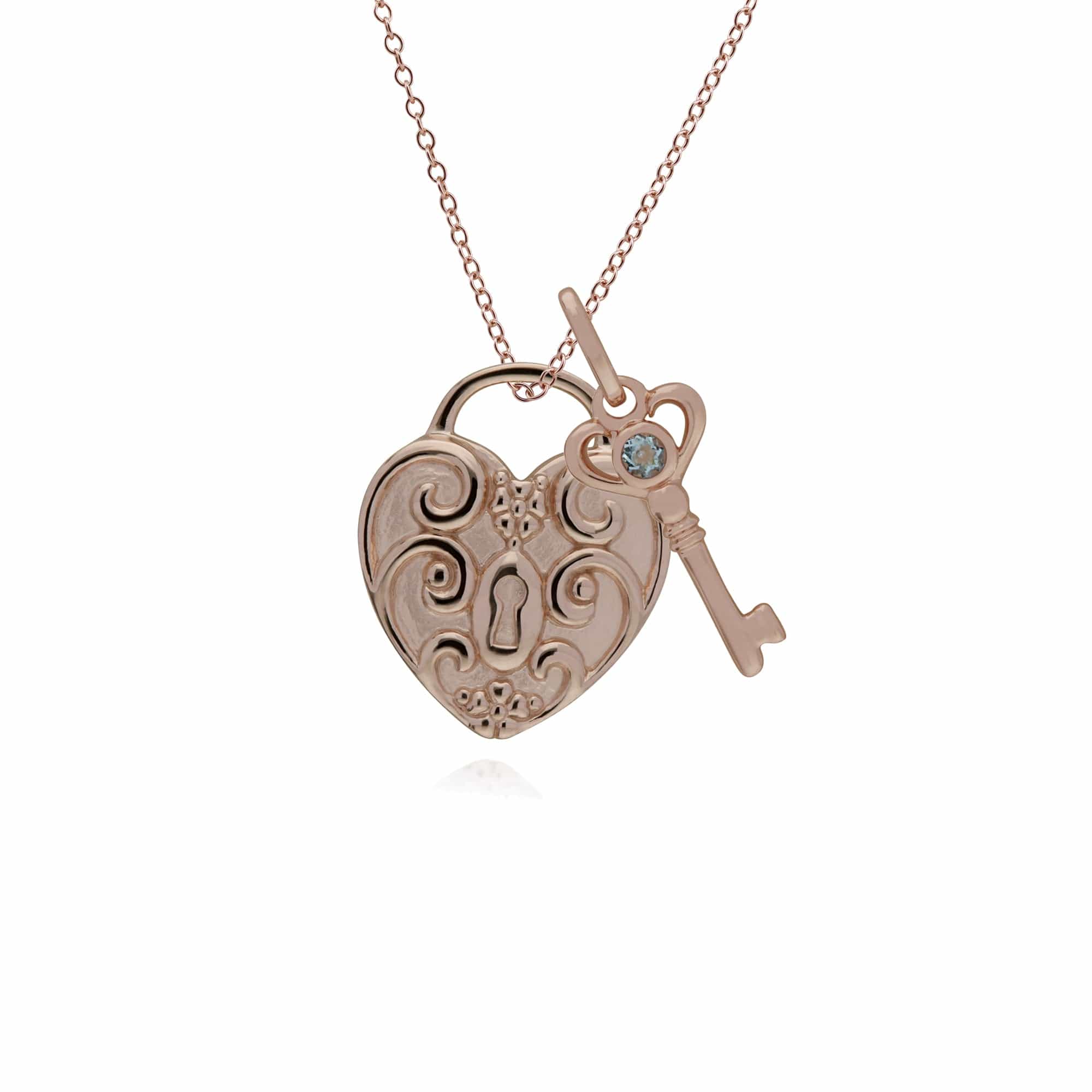 270P026309925-270P026501925 Classic Swirl Heart Lock Pendant & Aquamarine Key Charm in Rose Gold Plated 925 Sterling Silver 1