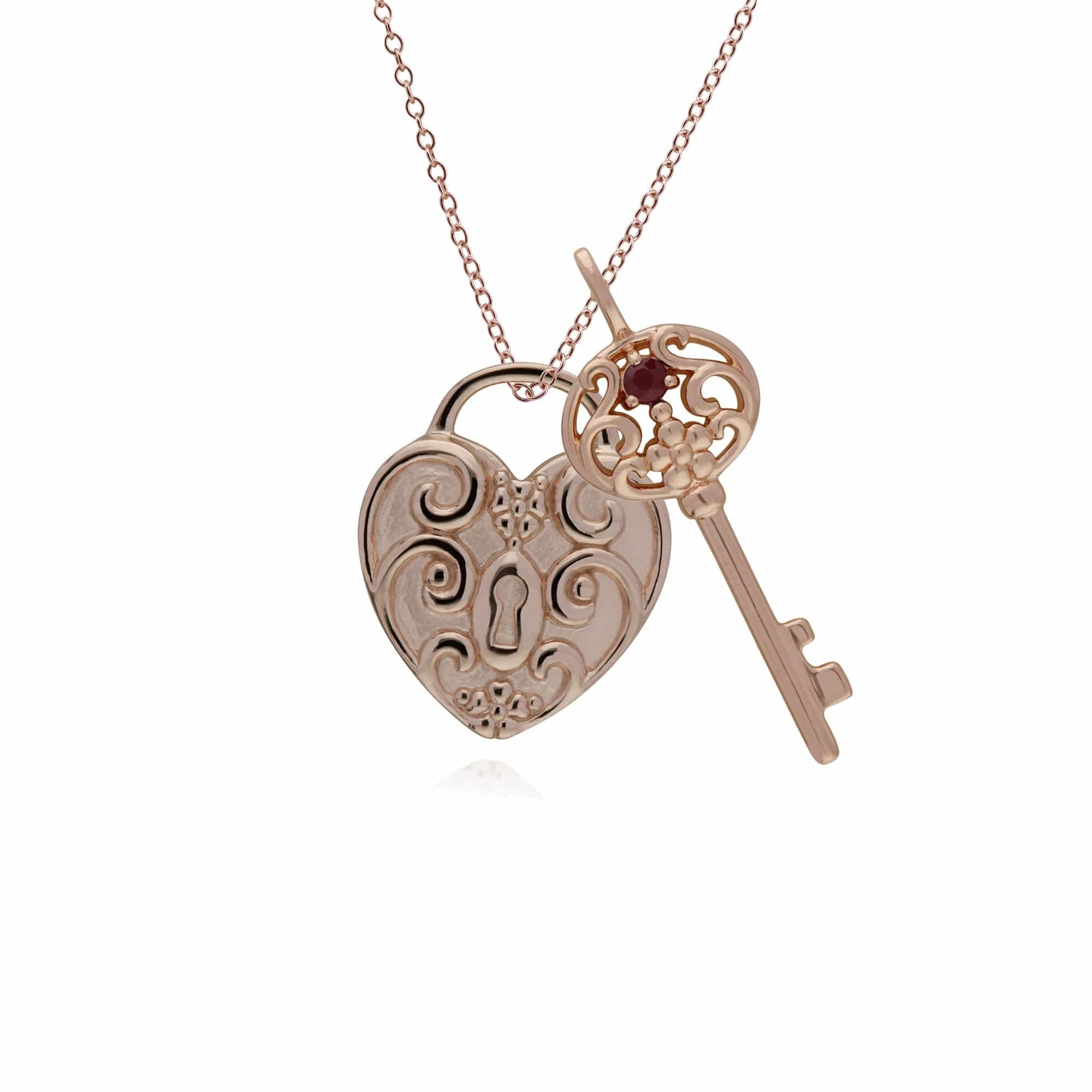 270P026703925-270P026501925 Classic Swirl Heart Lock Pendant & Ruby Big Key Charm in Rose Gold Plated 925 Sterling Silver 1