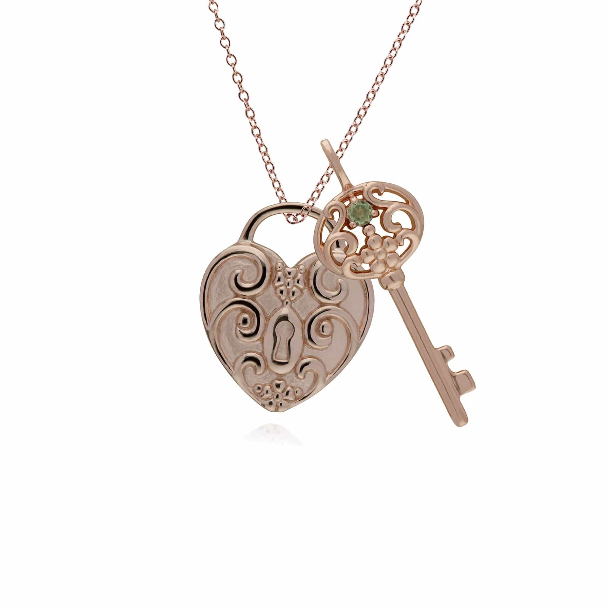 270P026708925-270P026501925 Classic Swirl Heart Lock Pendant & Peridot Big Key Charm in Rose Gold Plated 925 Sterling Silver 1