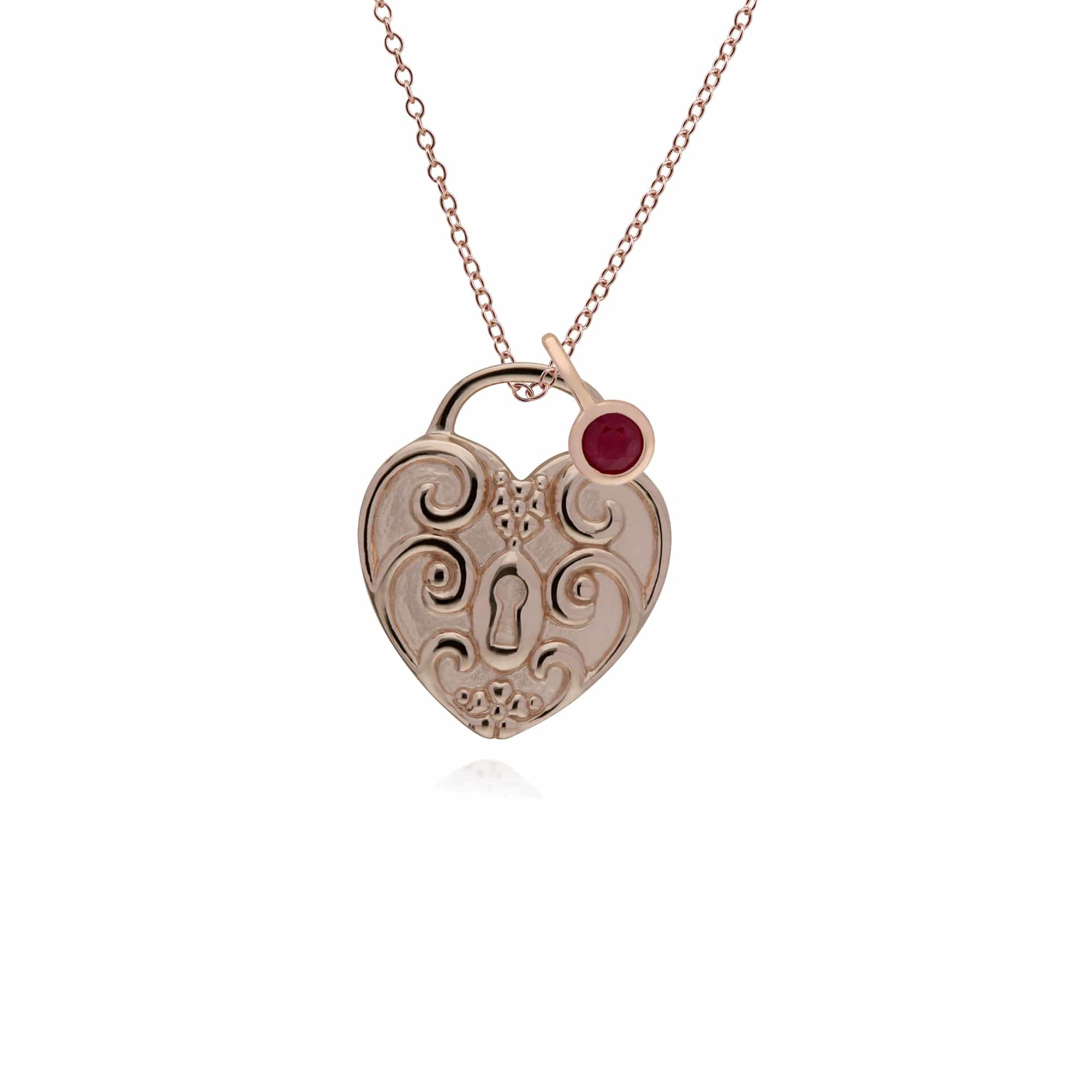 270P027309925-270P026501925 Classic Swirl Heart Lock Pendant & Ruby Charm in Rose Gold Plated 925 Sterling Silver 1