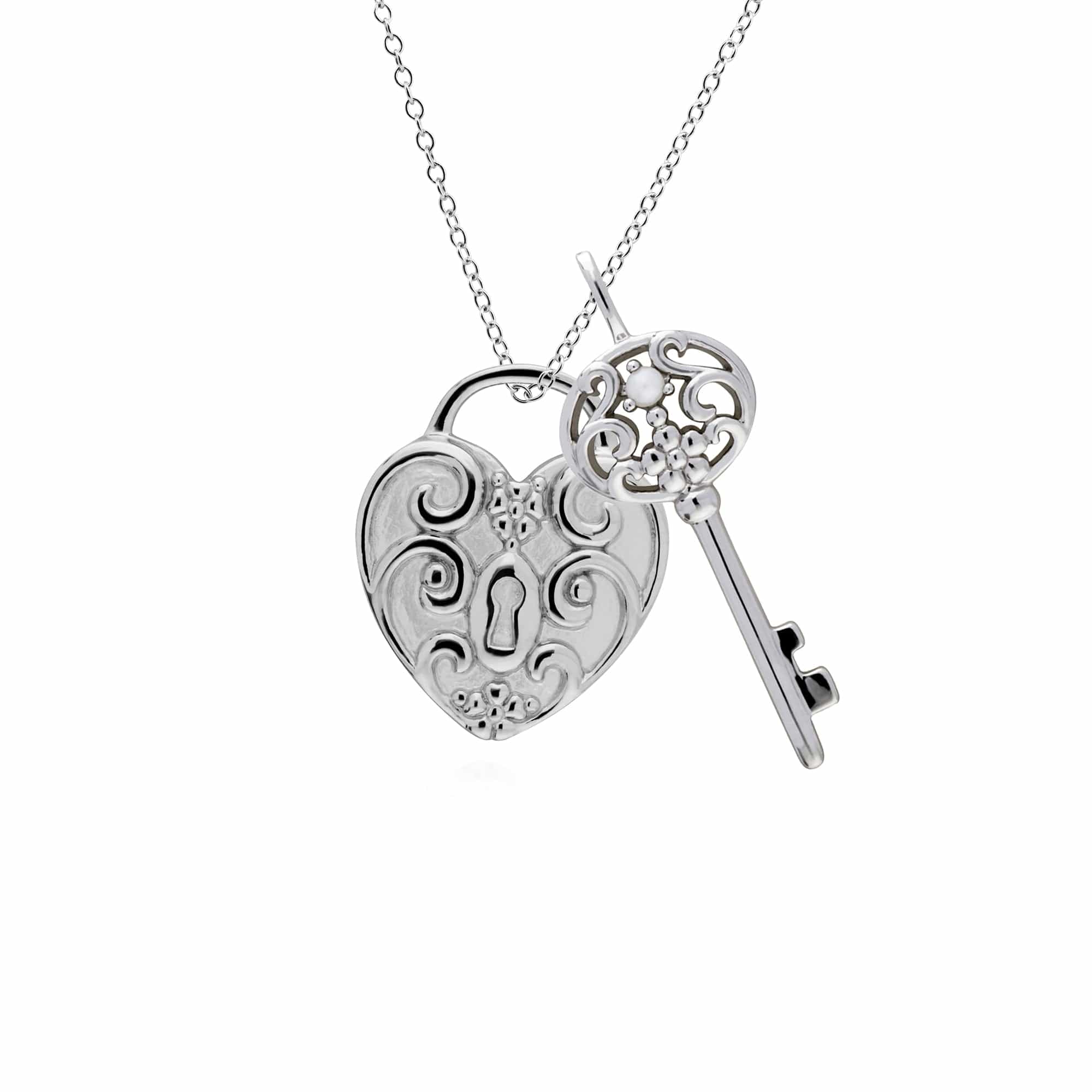 270P026201925-270P026601925 Classic Swirl Heart Lock Pendant & Pearl Big Key Charm in 925 Sterling Silver 1