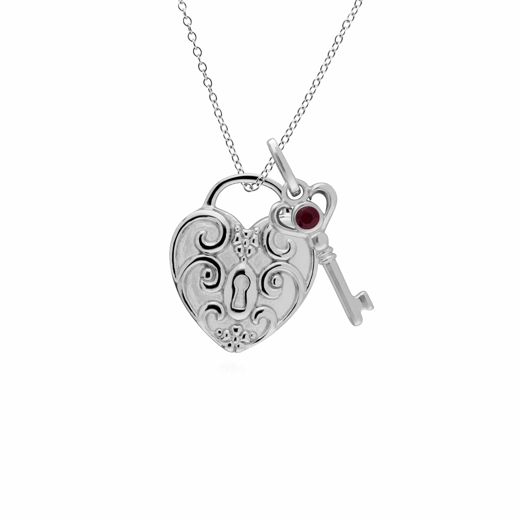 270P026402925-270P026601925 Classic Swirl Heart Lock Pendant & Ruby Key Charm in 925 Sterling Silver 1
