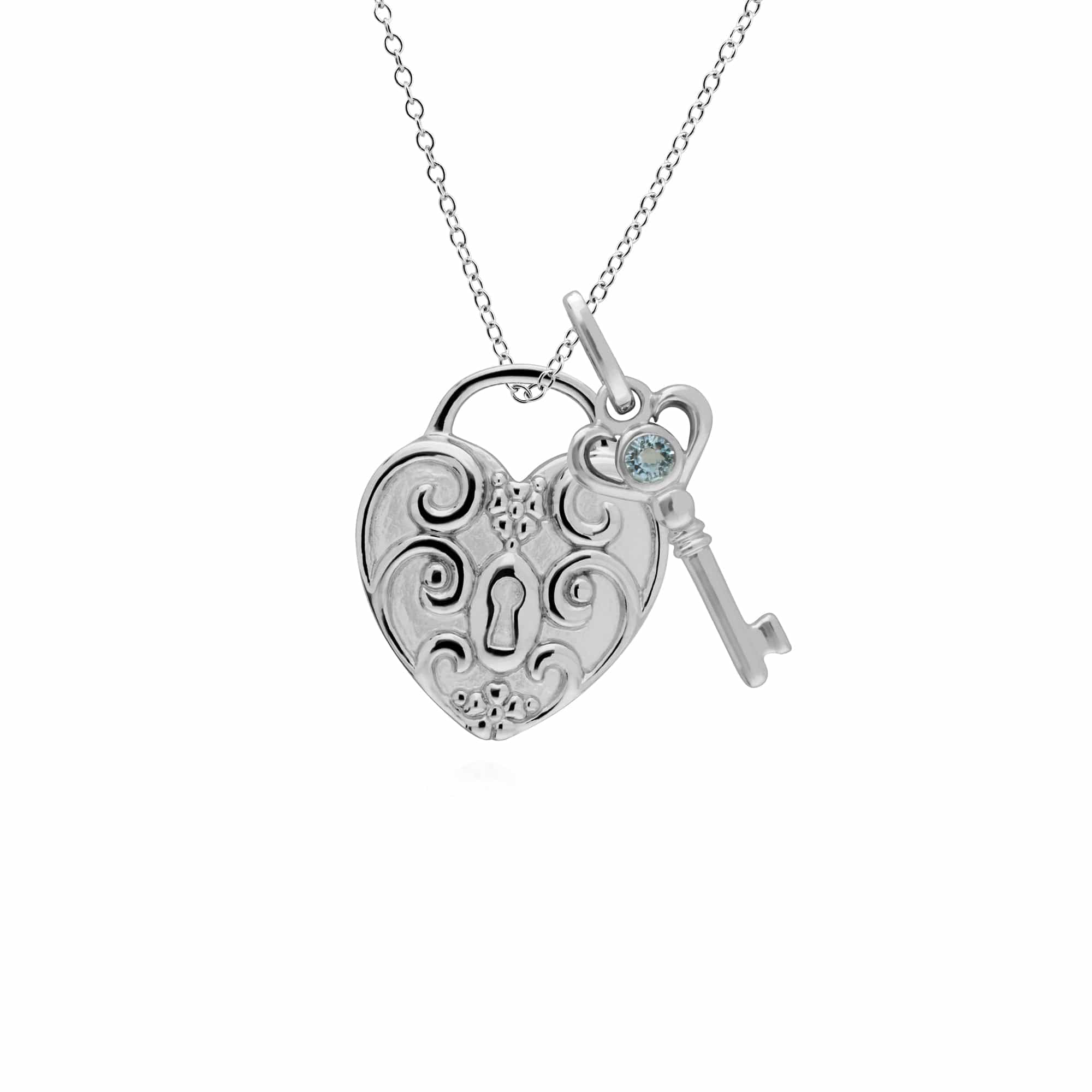 270P026408925-270P026601925 Classic Swirl Heart Lock Pendant & Aquamarine Key Charm in 925 Sterling Silver 1